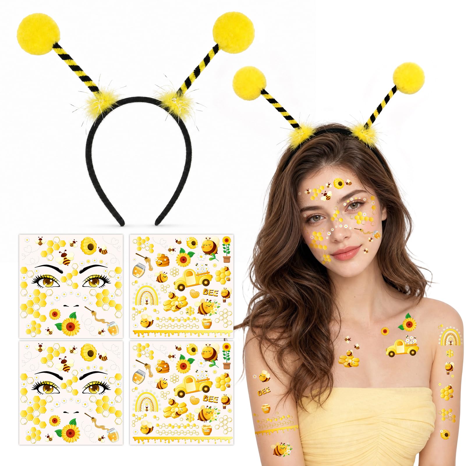 HOWAF Bee Headband & Halloween Face Tattoos Sticker, Bumblebee Antenna Headband for Bumble Bee Costume, Carnival Halloween Costume Women Men — image 1