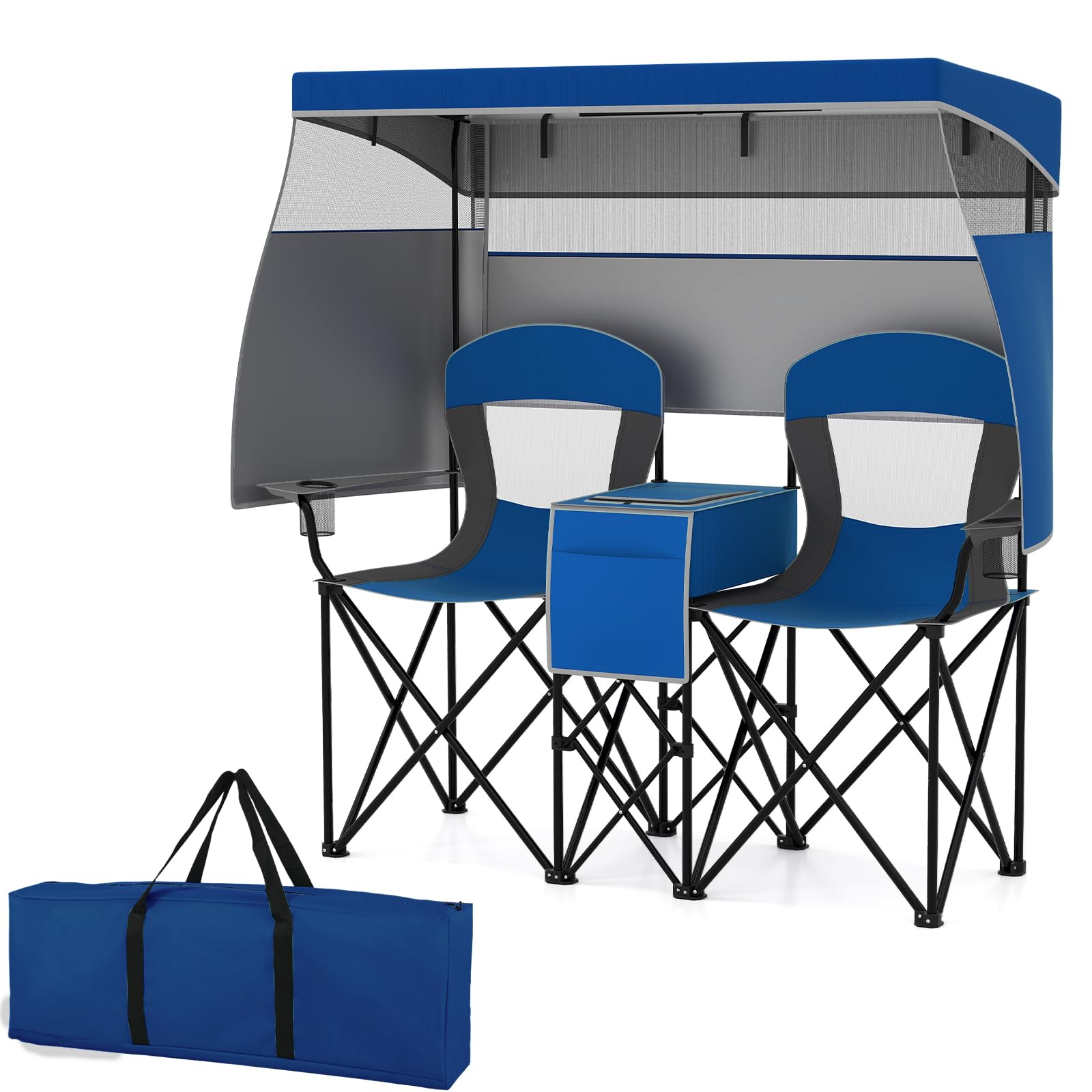 KOMFOTTEU Sedia Pieghevole da Campeggio Doppia, 2 Sedie da Esterno con Tettuccio Regolabile, Sedia da Pesca Portatile per Picnic con Borsa Termica, Portabicchiere, Borsa da Trasporto (Blu Navy)