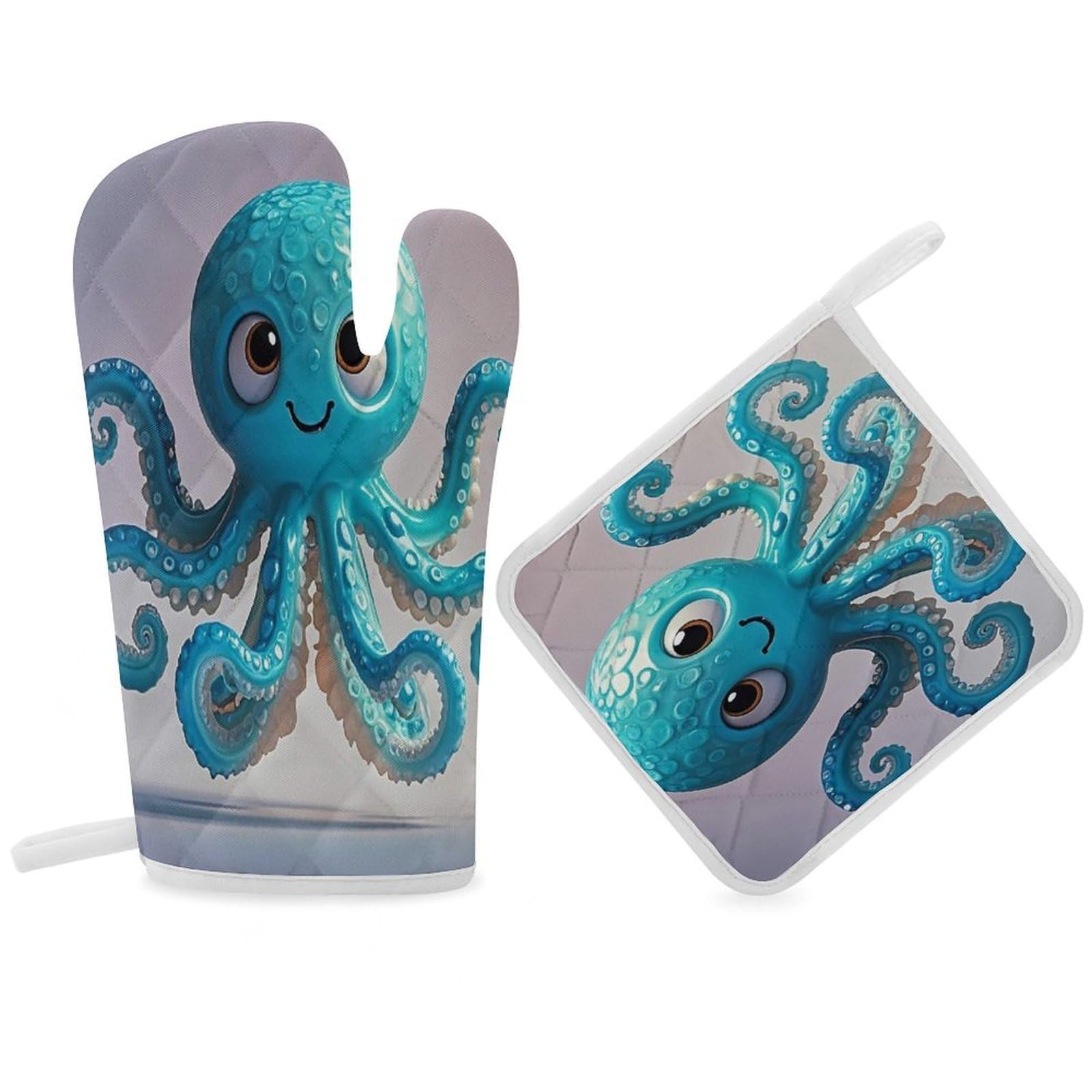 Blue Octopus Tentacles Illustration Oven Mitt Gloves and Heat Insulation Pads Double-Layer Thickened Heat Insulation Mitt Temperature Oven Gloves for Cooking Baking Grilling