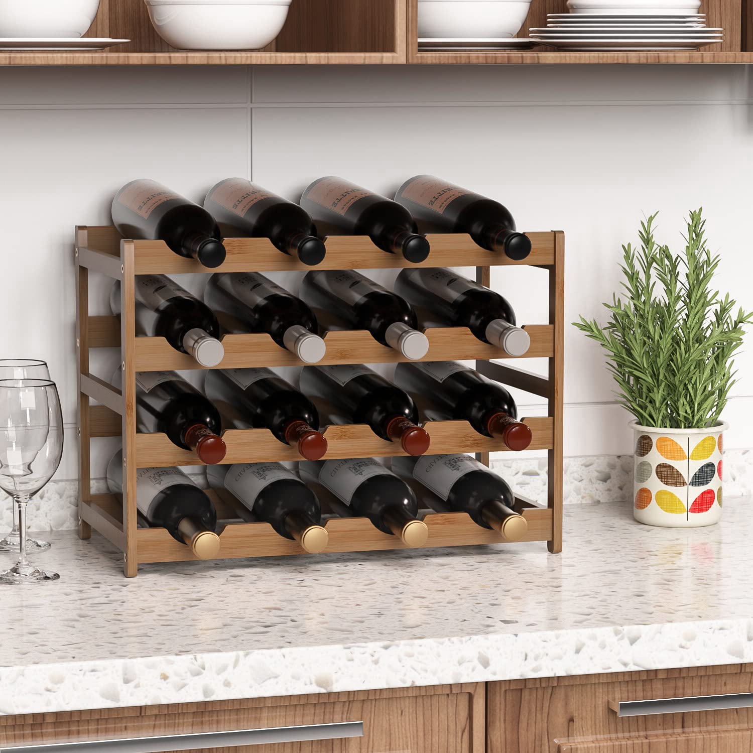 Wine Racks Free Standing TOPZEA 16-Bottle Bamboo Wine Rack Countertop ...