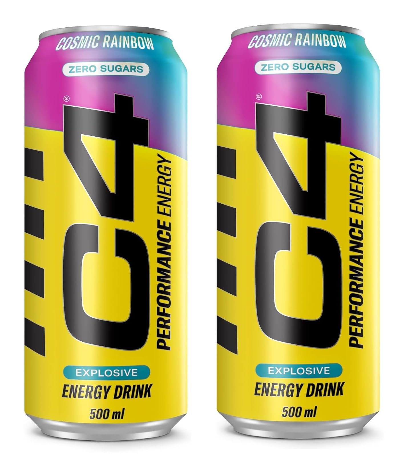 C4 Performance Energy Drinks Zero Sugar Cosmic Rainbow Flavor Explosive Energy Drink, 2 Cans X 500 ml (UK)