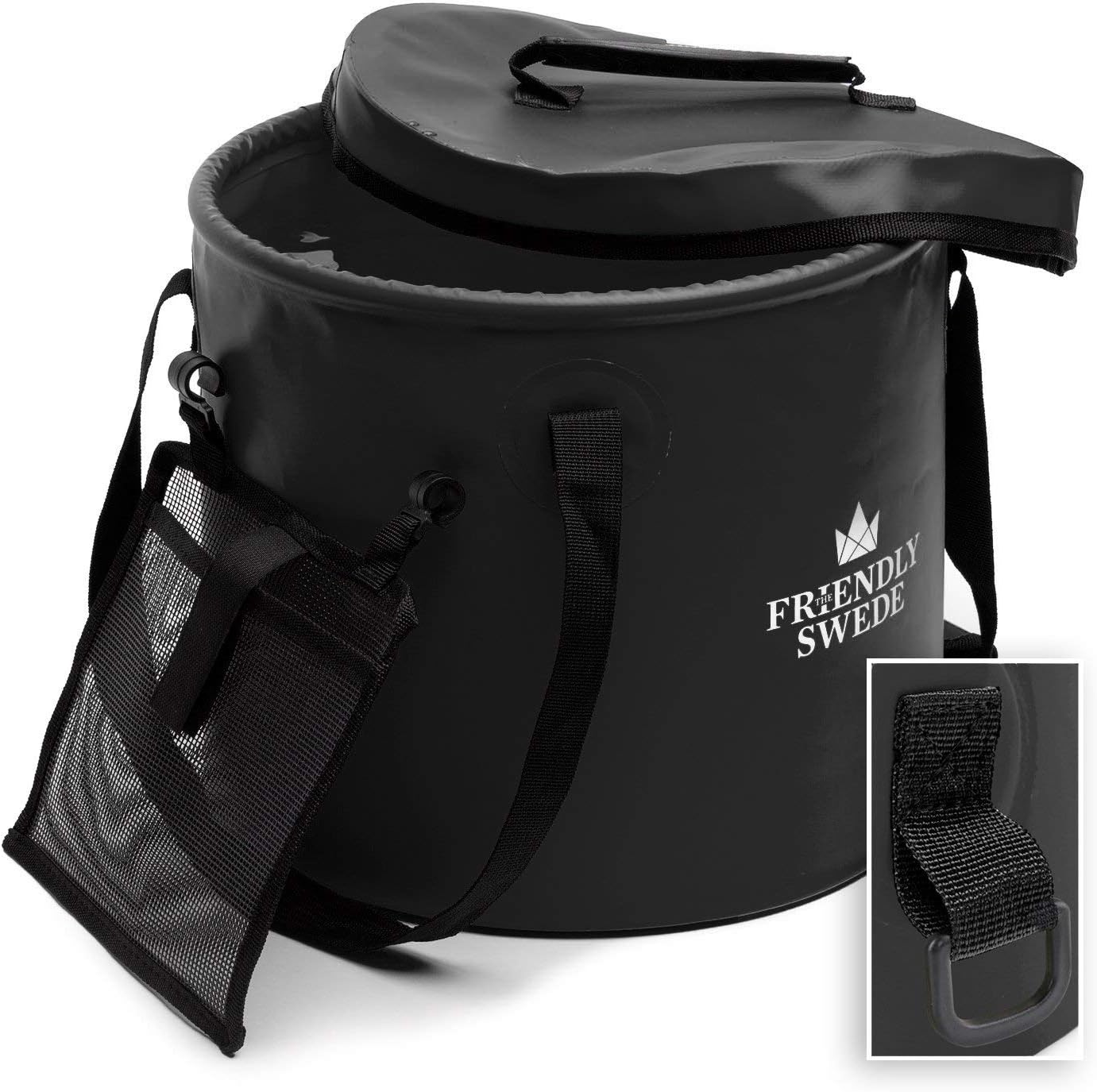 The Friendly Swede Collapsible Bucket with Lid - Folding Water Bucket for Camping, Travel and Gardening, Portable Water Container Pail with a Handy Tool Mesh Pocket