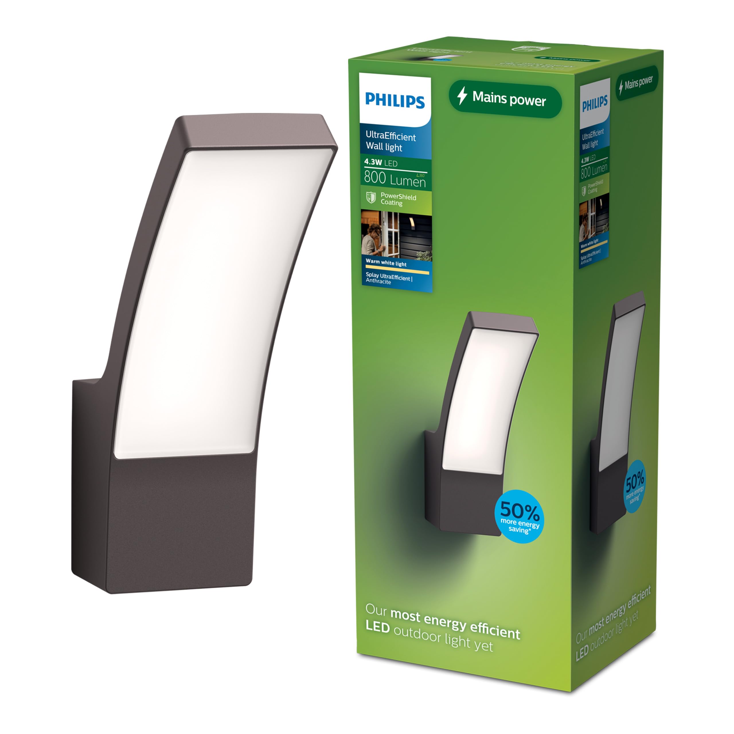PHILIPS Lighting Splay UltraEfficient Outdoor wall Light, 3.8W, 2700K, Antracite, IP44 Weatherproof