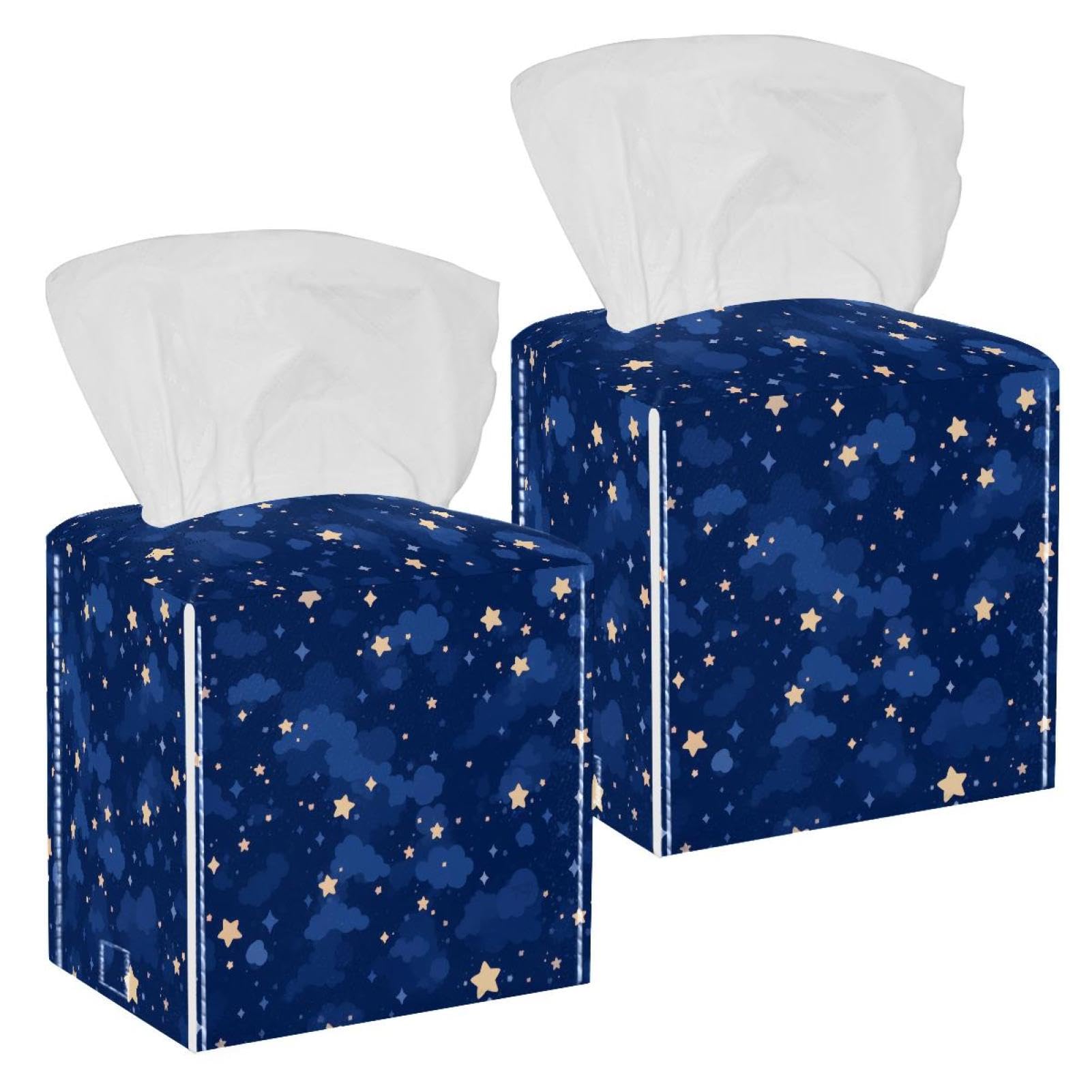 White Starry Sky Tissue Box Cover, 2 Pack PU Leather Square Facial Tissue Dispenser Box holder for Home Office Car