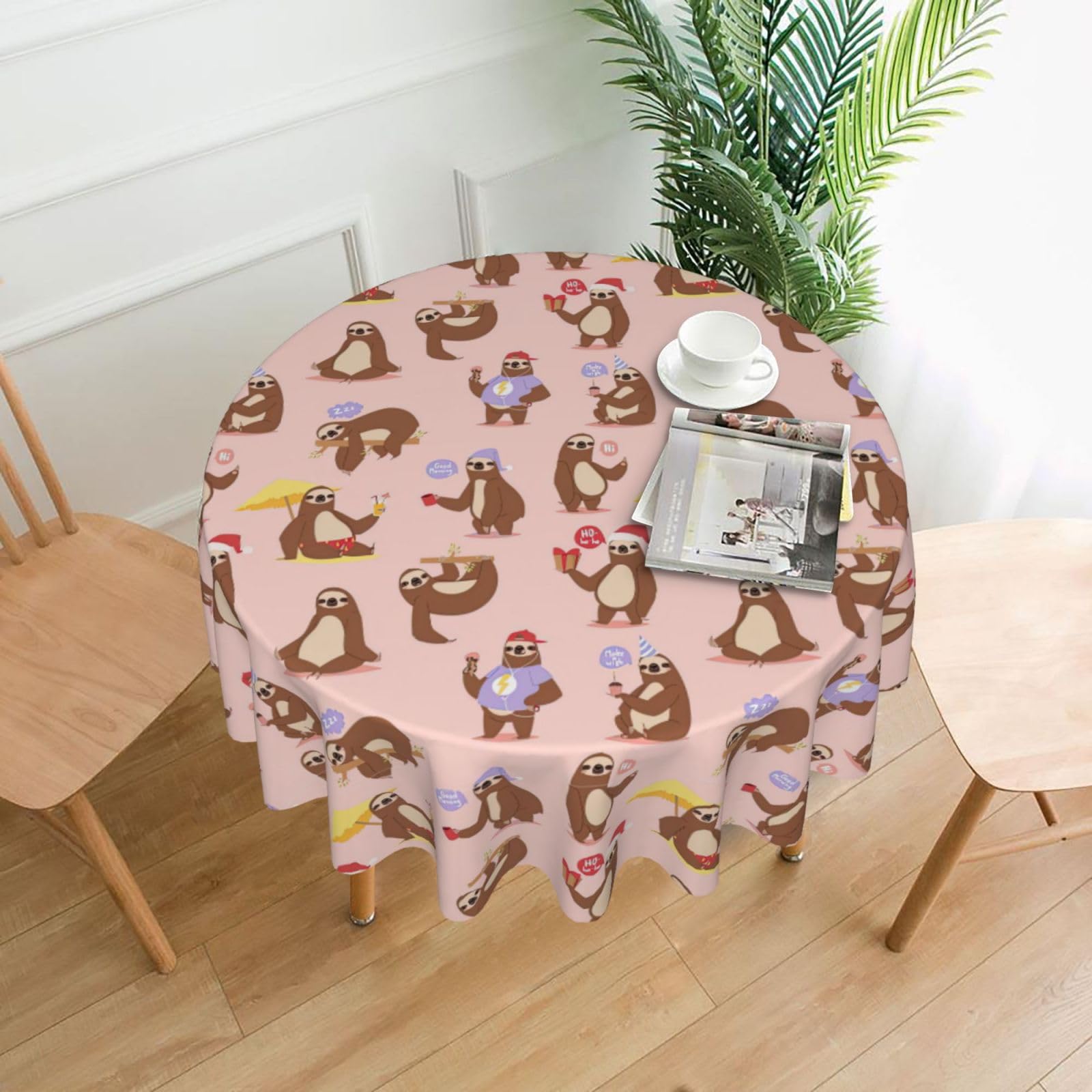 OXbnmm Cute Sloth Print Soft Round Tablecloth 60in Polyester Washable Cover Cozy Gift for Mom Housewarming