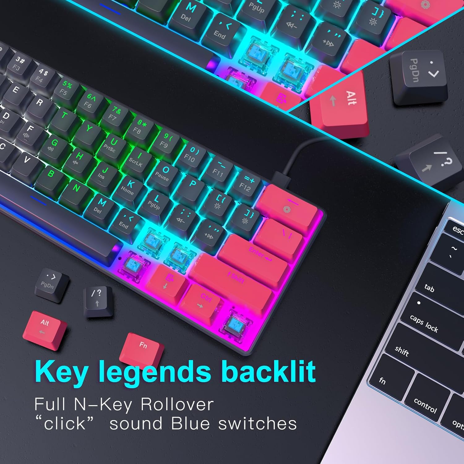 Close-up of RAZEAK keyboard keycaps showing backlit legends and the blue mechanical switches underneath.