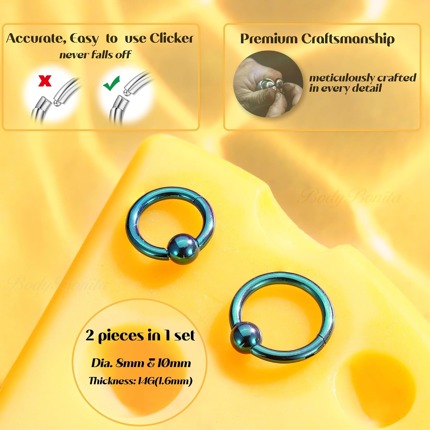 BodyBonita Ball Center Septum Rings, G23 Titanium Nose Rings Hoops, 14/16/18G Hinged Nose Rings for Women Men, PA Captive Bead Segment Ring, Helix Conch Daith Tragus Cartilage Body Piercing Jewelry