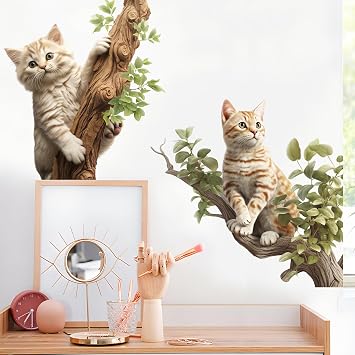 LiveGallery Removable 3D Lovely Cartoon Cat on The Tree Branch Wall Stickers Playing Kitty and Leaf Wall Decals Peel and Stick Wall Art Decor for Kids Baby Bedroom Nursery B