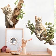 LiveGallery Removable 3D Lovely Cartoon Cat on The Tree Branch Wall Stickers Playing Kitty and Leaf Wall Decals Peel and Stick Wall Art Decor for Kids Baby Bedroom Nursery B