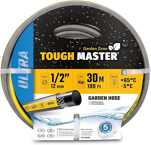 TOUGH MASTER Heavy Duty Garden Hose 3 Layer Flexible Reinforcement UV & Algae Resistant Hose Pipe for Garden, Pressure Washer, Garden Water Features - 30m 100ft
