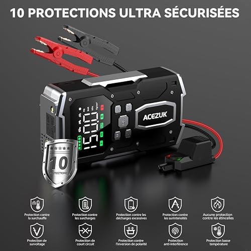 ACEZUK Booster Batterie Voiture 8000A, 150PSI Gonfleur Pneus Voiture, Démarreur avec Compresseur à Air, 12V Jump Starter pour Véhicule(Tout Gaz ou 10L Diesel), 400 Lumens LED - 8