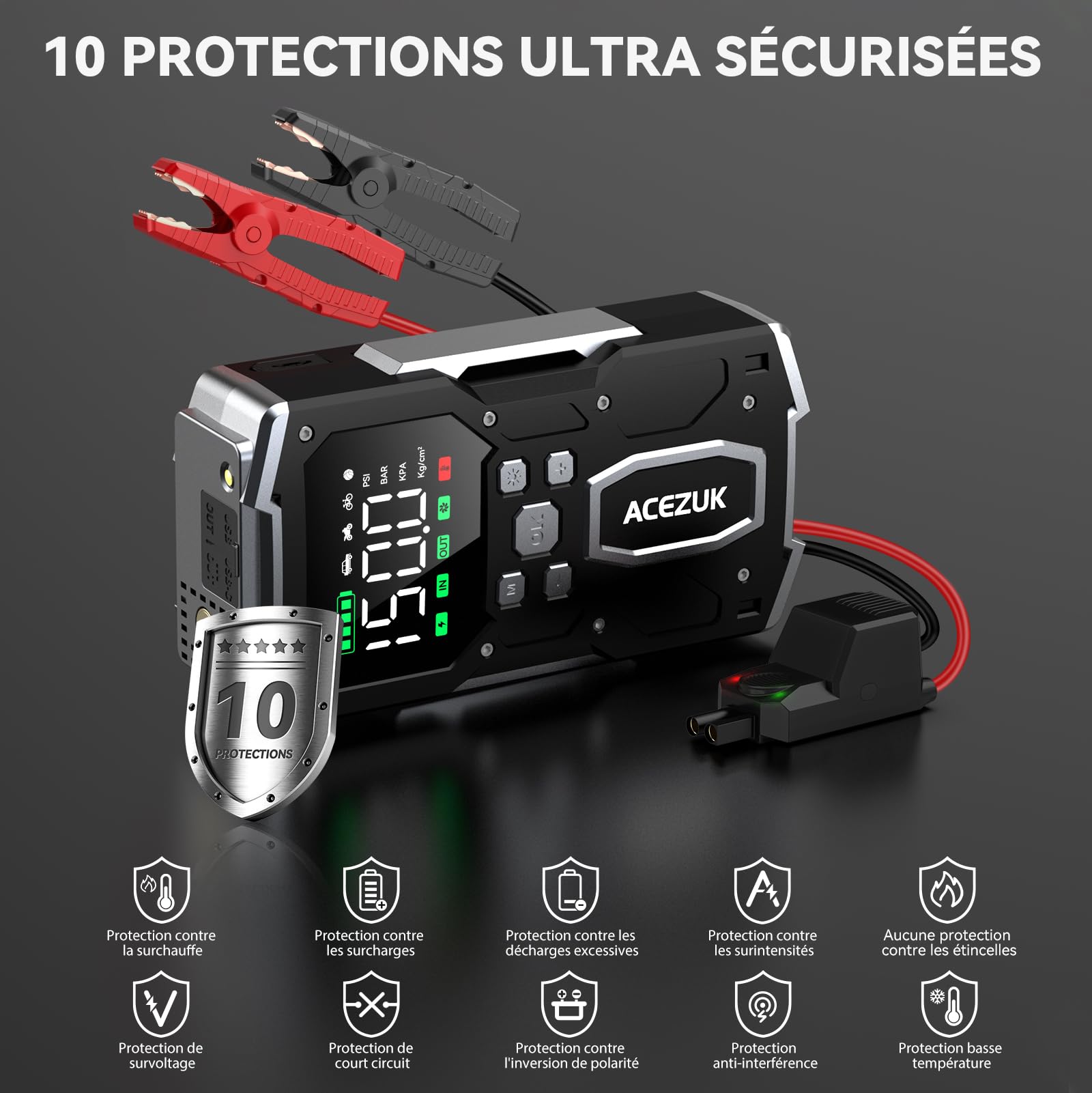 ACEZUK Booster Batterie Voiture 9000A, 150PSI Gonfleur Pneus Voiture, Démarreur avec Compresseur à Air, 12V Jump Starter pour Véhicule(Tout Gaz ou 10L Diesel), 400 Lumens LED