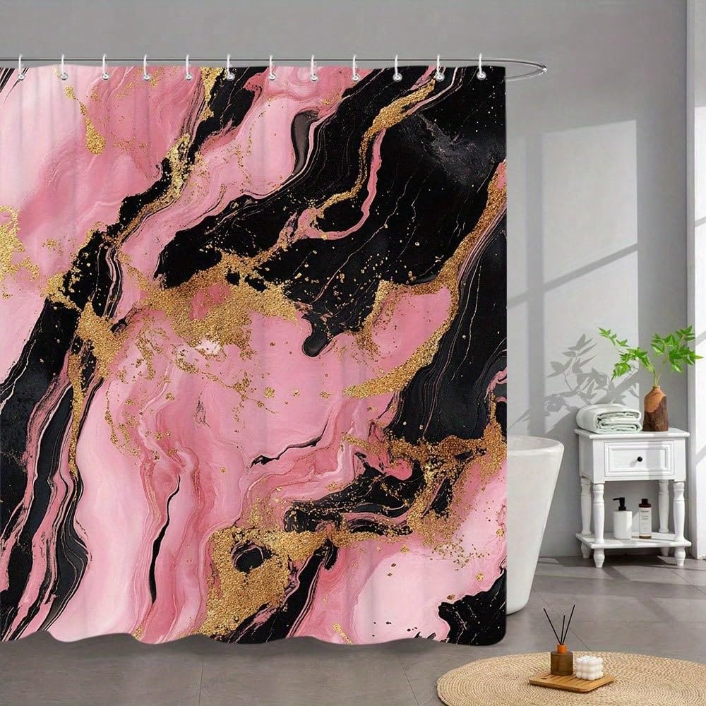 awitufhgp Marble Abstract Bath Curtain - Swirling Pink, Black & Golden Glitter Design, Luxurious Metallic Texture, Bathroom Decor(300x200cm/118x79in(WxH))