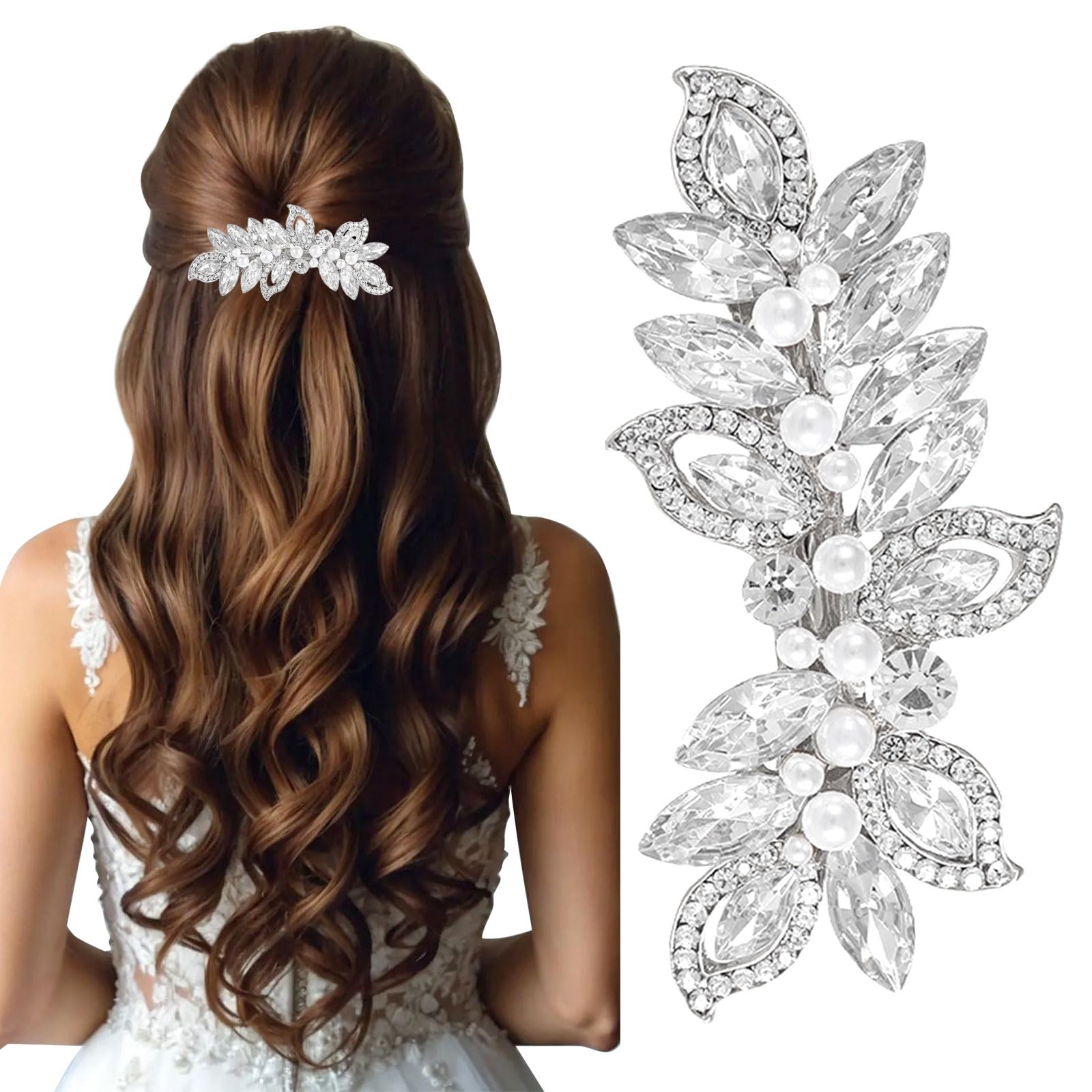 Fermaglio Per Capelli Con Margherite E Cristalli Swarovski - Clip Floreale In Metallo Rodiato Per Sposa E Damigella - Diametro 85mm - 4