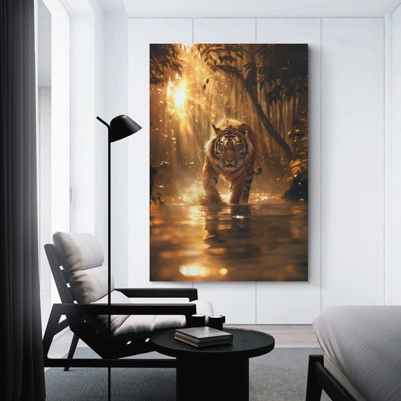 Junmoney Unframe-Style-17-1 Tiger In Golden Forest Decorative Wall Artwork, 12X18inch(30X45cm), For Home Lounge, Bedroom Or Reading Nook, Easy Decor For Gallery Walls