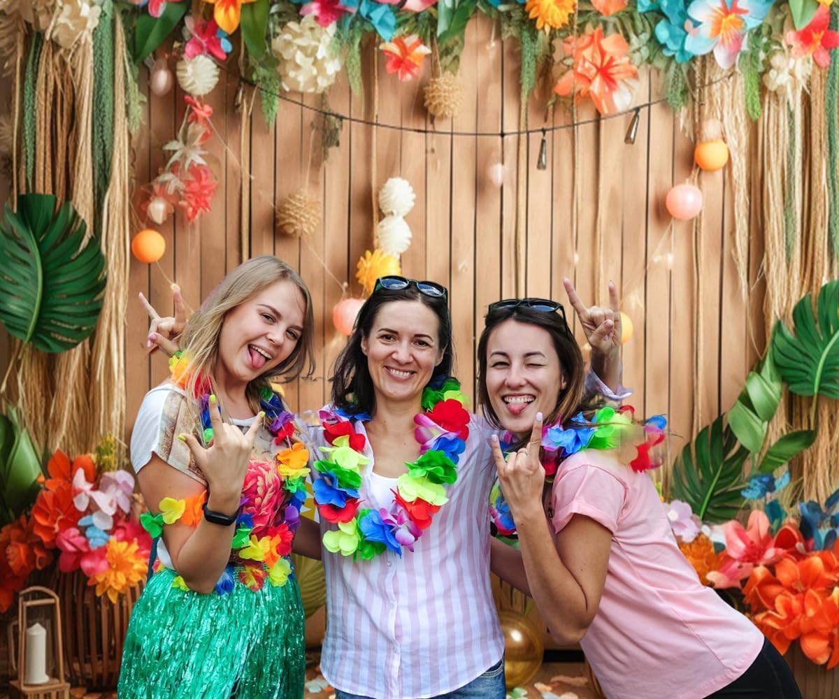 12x8ft Summer Hawaiian Backdrop for Photography Tropical Leaves Flower Wood Board Photo Background Large Luau Party Decorations Studio Photo Booth Props
