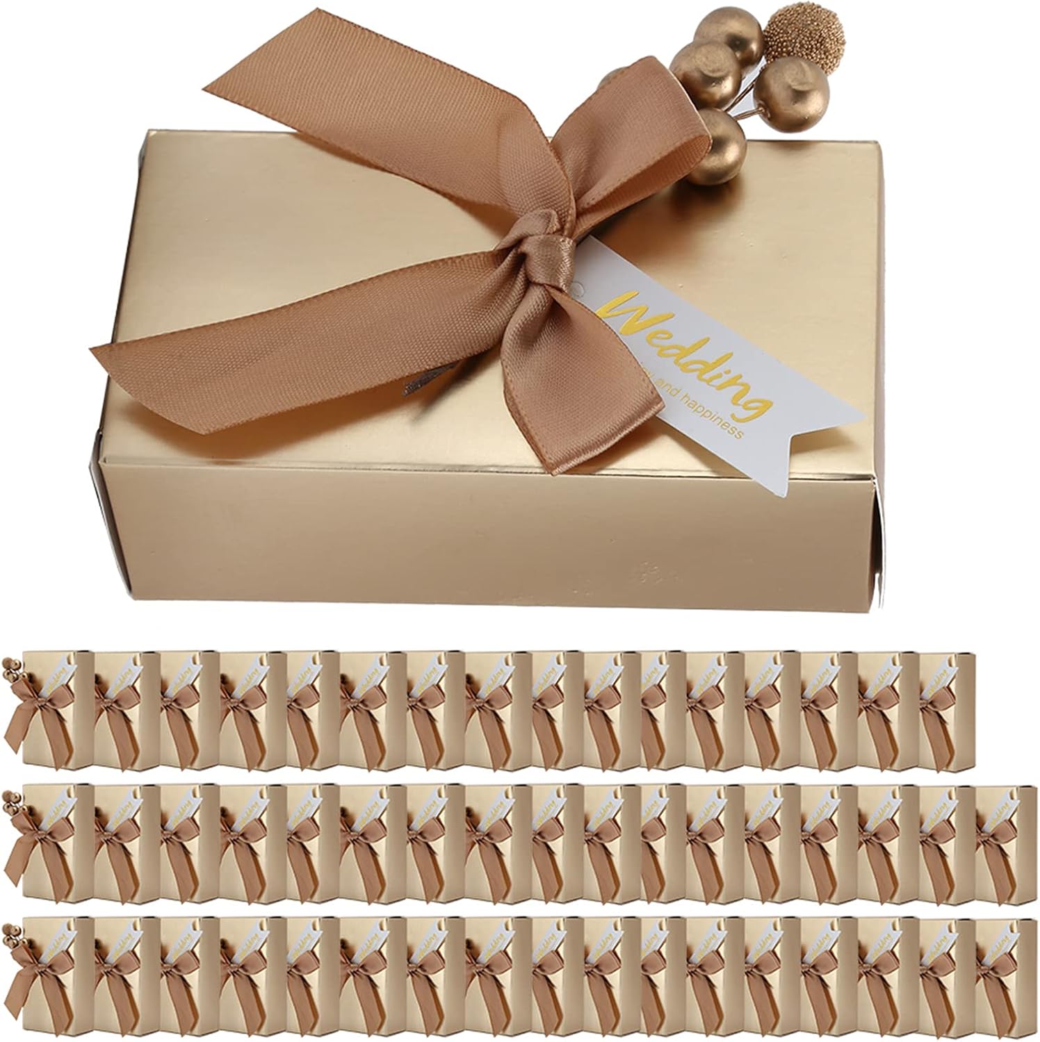 Acouto : Wedding Boxes 50pcs Wedding Favors Candies Souvenirs with Bowknot Luxury Party Favor (Wedding Small Golden Bow)