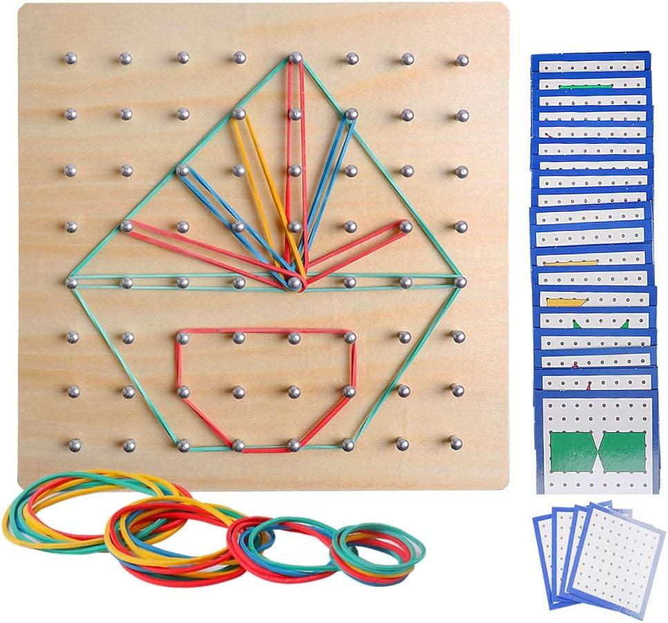 USATDD Wooden Geoboard Montessori Toy Educational Mathematical Manipulation Material with Pattern Cards and Rubber Bands Math Graphical Brain Teasers STEM Geo Board Shape Puzzle for Preschool Kids