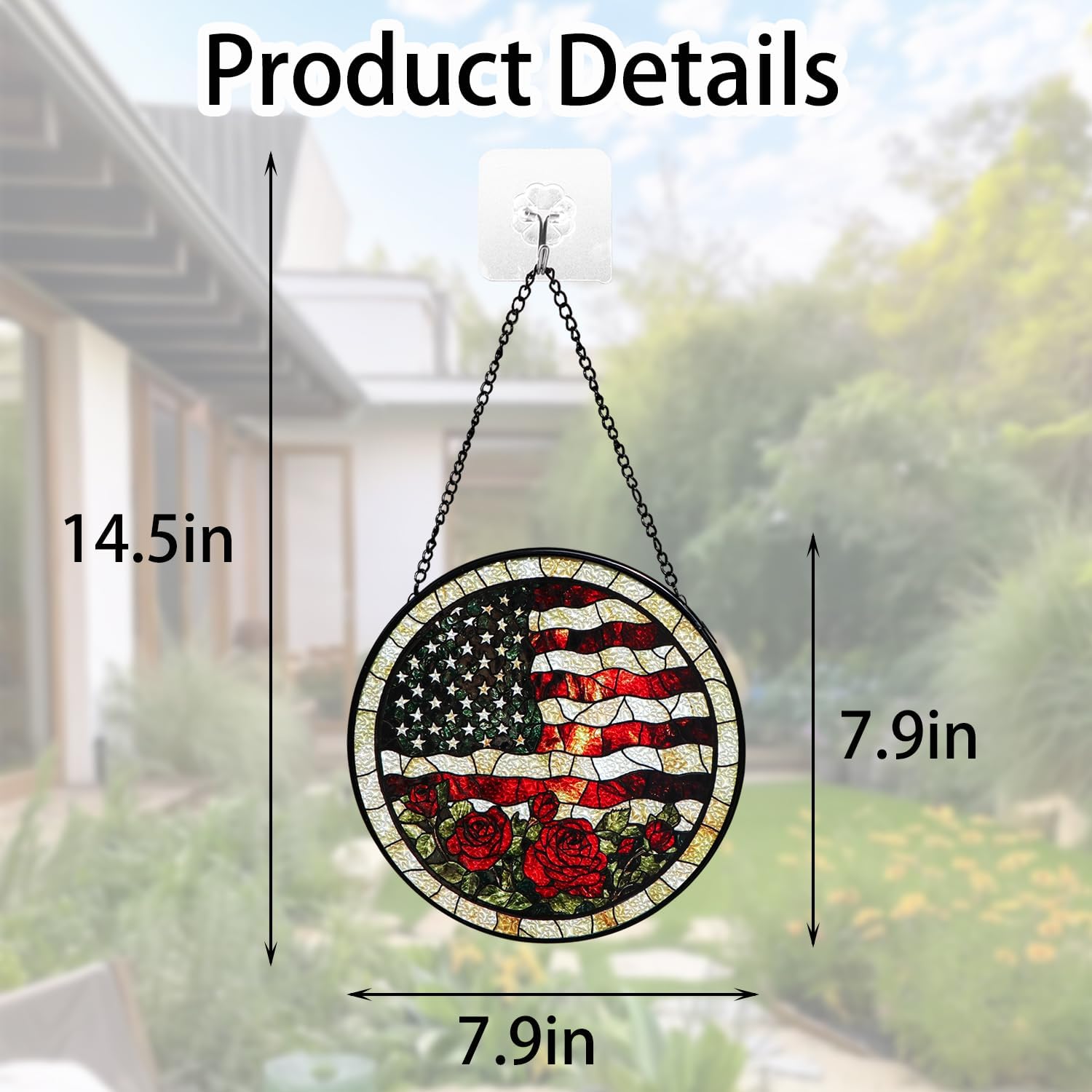 7.9" Stained Glass Window Hanging, Flag & Rose Suncatcher Diamond Glass Panel Hanging Home Decor Indoor Outdoor