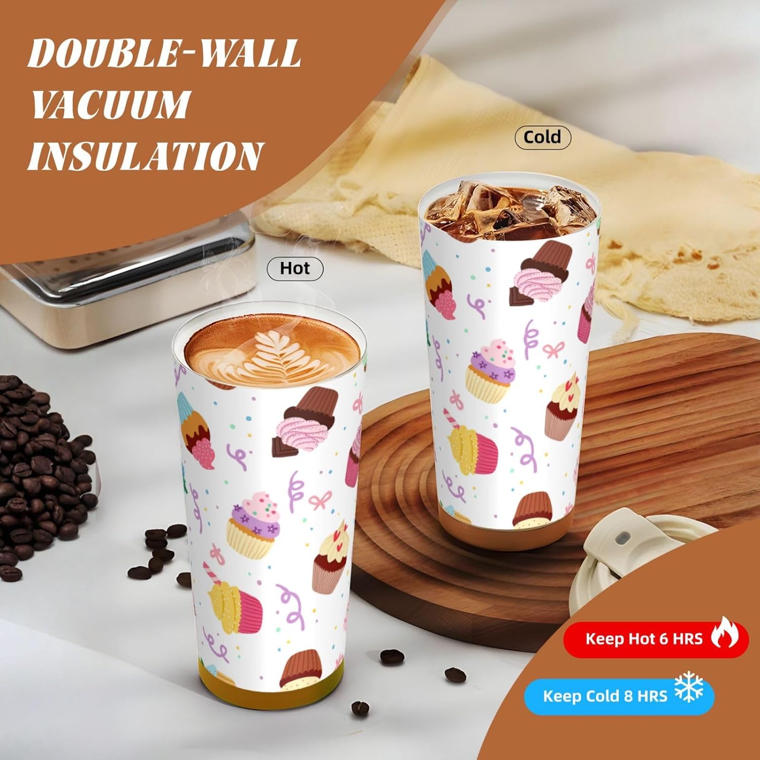 Delicious Cupcakes Print Leakproof Insulated Coffee Mug,Stainless Steel Dual Drink Travel Tumbler,17 OZ