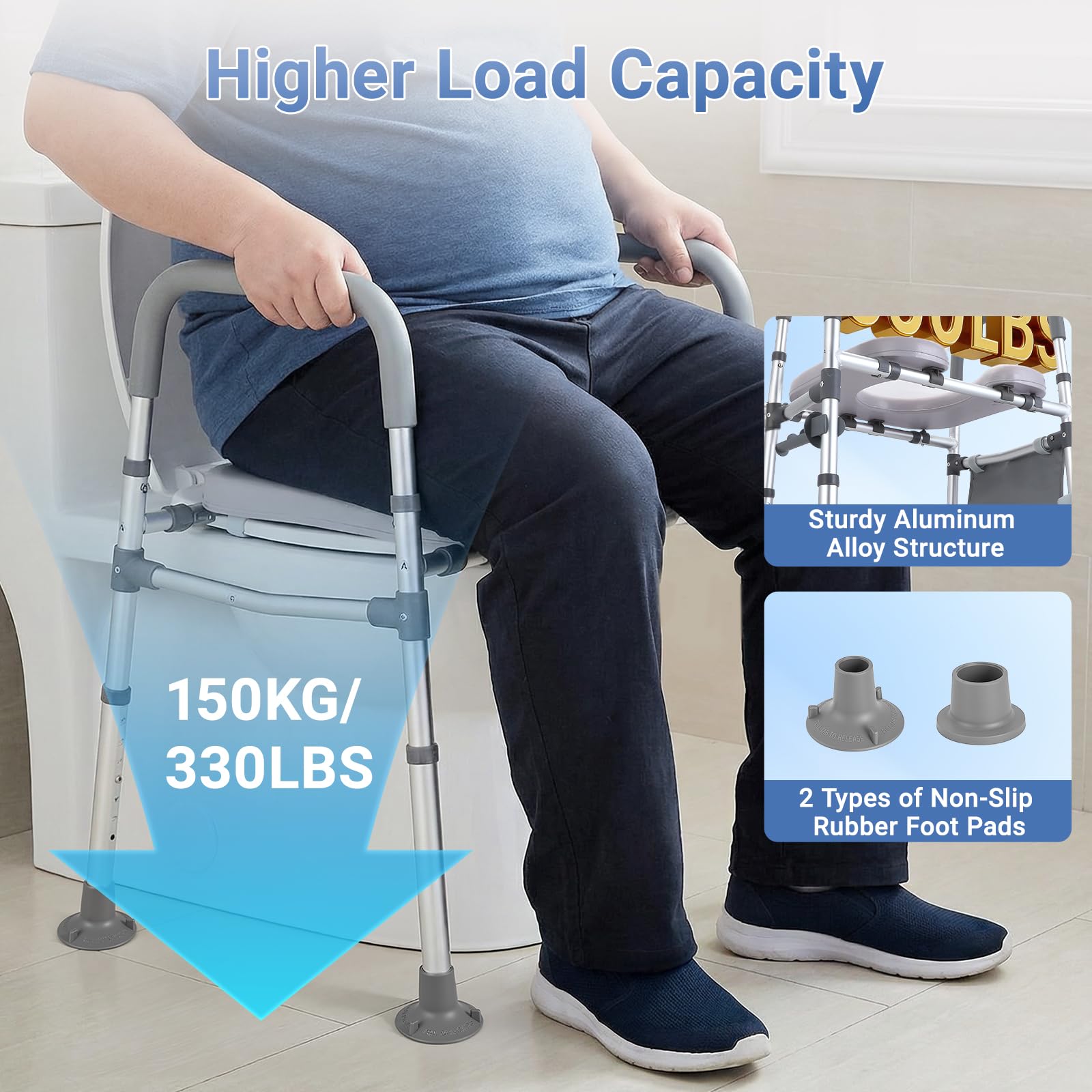 Rialzo WC per Anziani, Alzata per WC con Altezza e Larghezza Regolabili, Alza Water x Anziani con Braccioli per Anziani, Seduta Imbottita e Telaio in Alluminio, Adatto a Qualsiasi WC, Portata 150 kg
