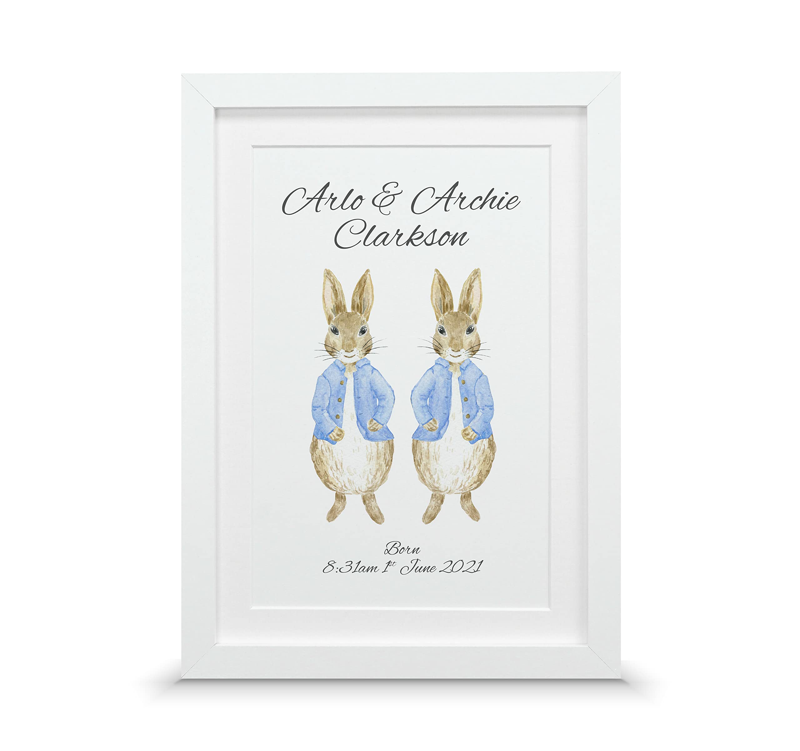 Gift for newborn twins | New baby rabbit keepsake (A4-30x21cm, Print & Standard Frame)