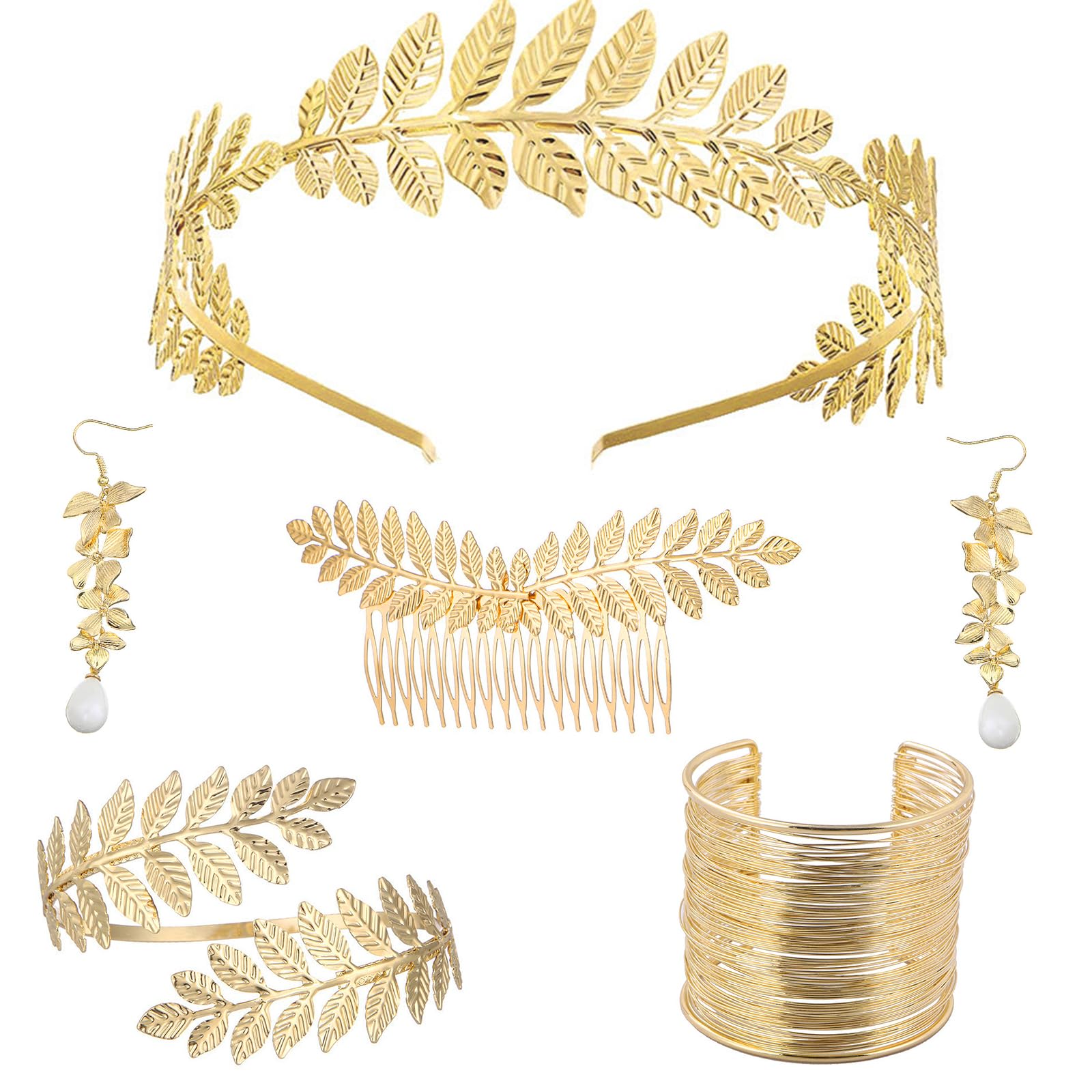 Sprießen 5 Piezas Juego De Accesorios Disfraz Diosa, Juego De Accesorios De Diosa Griega Para Mujer, Griega Accesorios Fiesta Boda, Diadema Griega Diosa Pendientes Colgantes