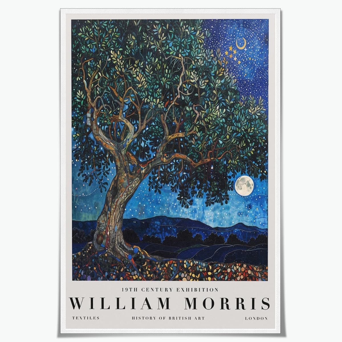 ZZYGGN GMGSW William Morris Style Tree and Moon Canvas Prints Abstract Wall Art William Morris Poster Retro Painting for Home Wall Decor 50x75cm Frameless