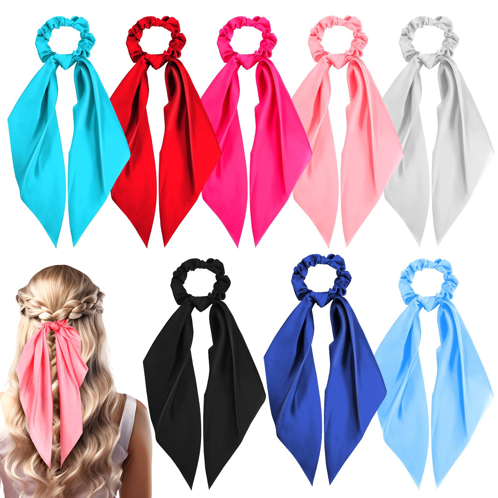 9PCS Colorful Solid Hair Scarf Scrunchies for Women, Elastic Satin Hair Ties with Long Ribbon Ponytail Holders with Bows Accessories for Women Girls Combination 1