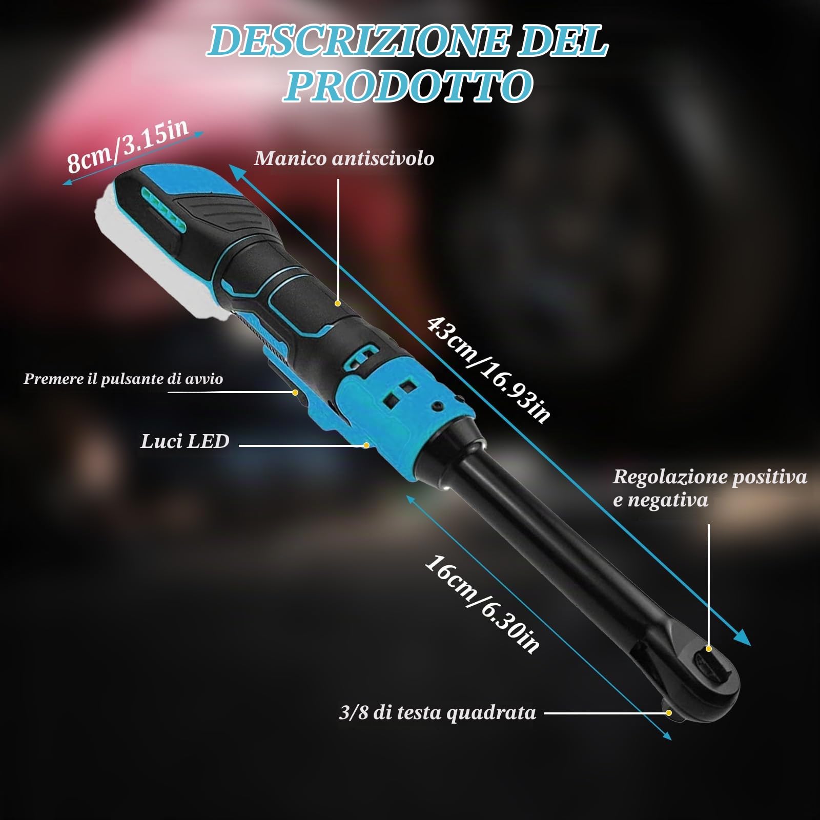 Chiave a cricchetto elettrica compatibile con Makita 21 V, chiave a cricchetto elettrica da 3/8", chiave a percussione senza fili, cricchetto elettrico con 10 chiavi a bussola, asta di prolunga (senza