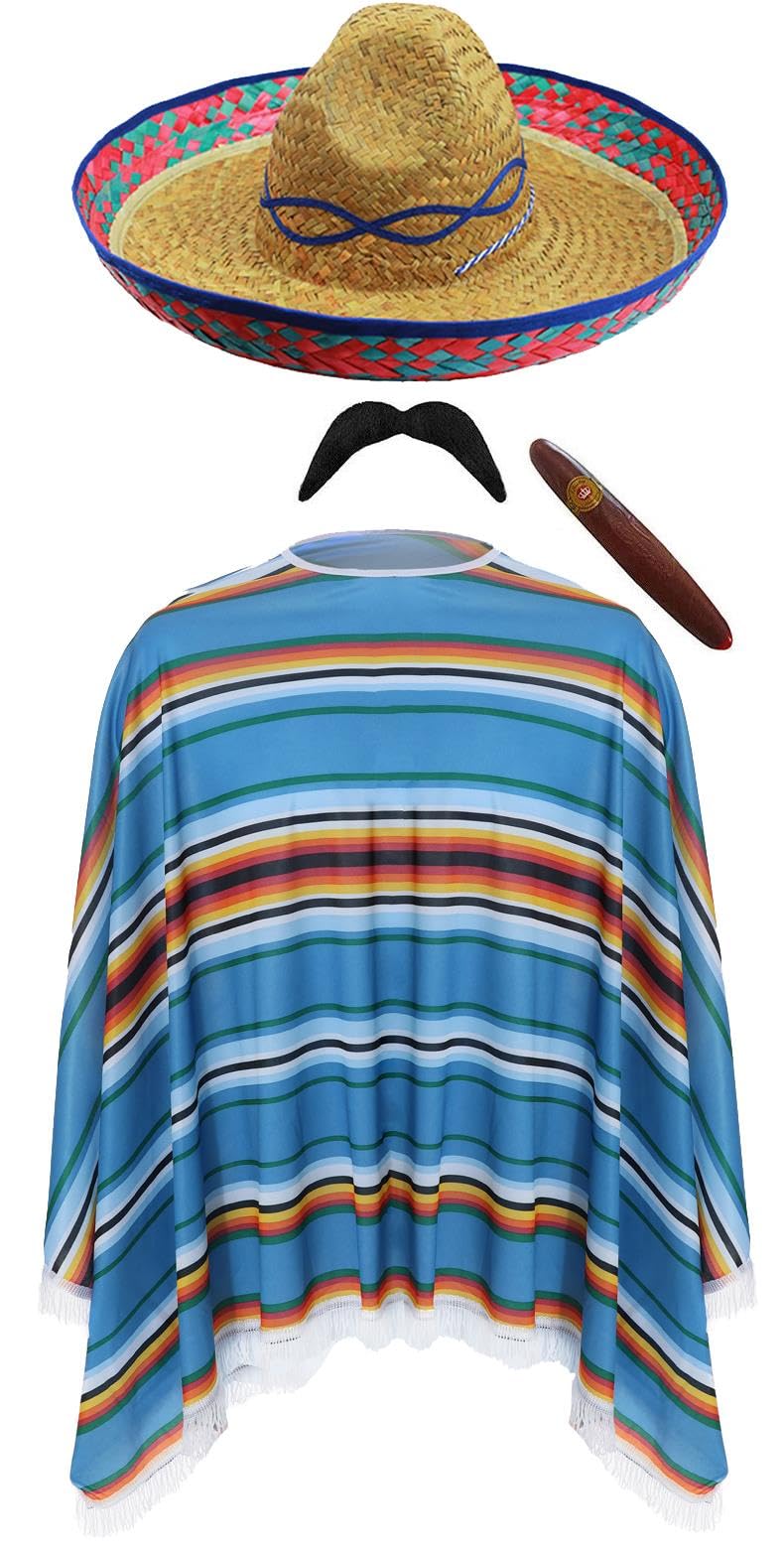 Unisex Mexican Poncho & Blue Sombrero Hat Costume – Multicoloured Poncho, Straw Fiesta Hat, Fake Moustache & Cigar – Funny Fancy Dress for Festivals, Parties, Fiestas & Stag Dos