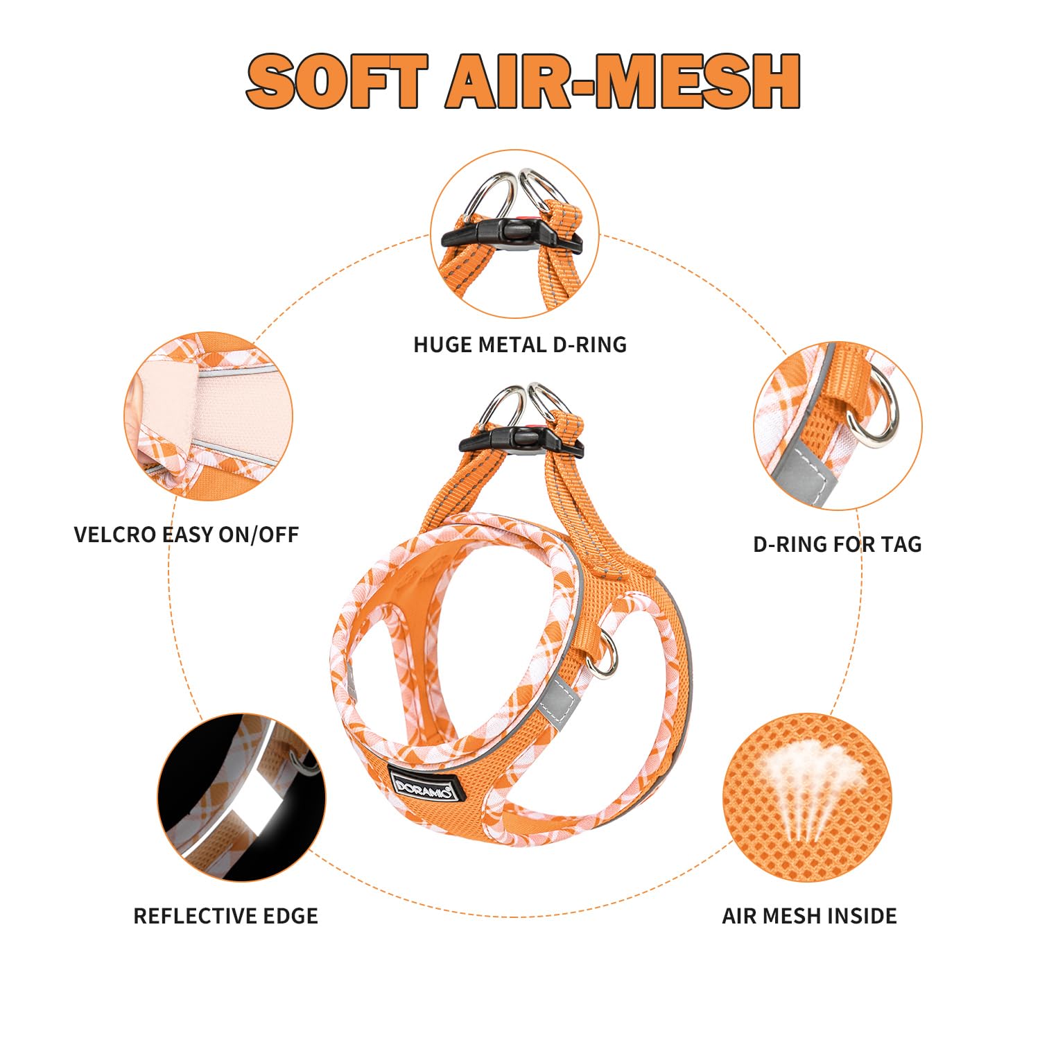 DORAMIO Pettorina Cane Taglia Piccola, Step-in Pettorina per Cani Gatti Cuccioli con Guinzaglio Comodo, Riflettente Traspirante Imbracatura Cane Morbida Imbottito per Passeggiate (XS, Arancione)