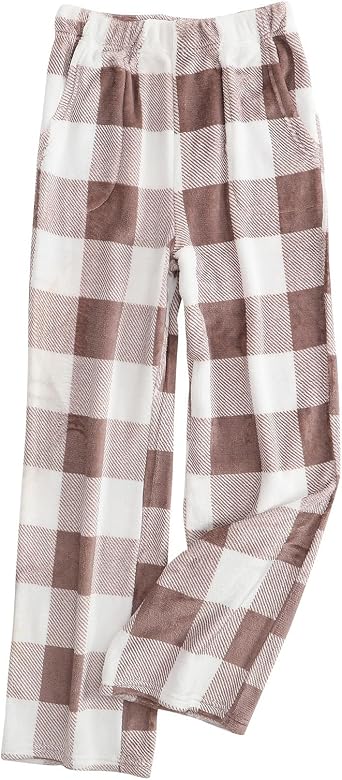 Fluffy Flannel Pajama Pants Women Fuzzy Buffalo Plaid Pj Pants Comfy Loose Soft Plaid Pant Elastic Waist Sleep Pant