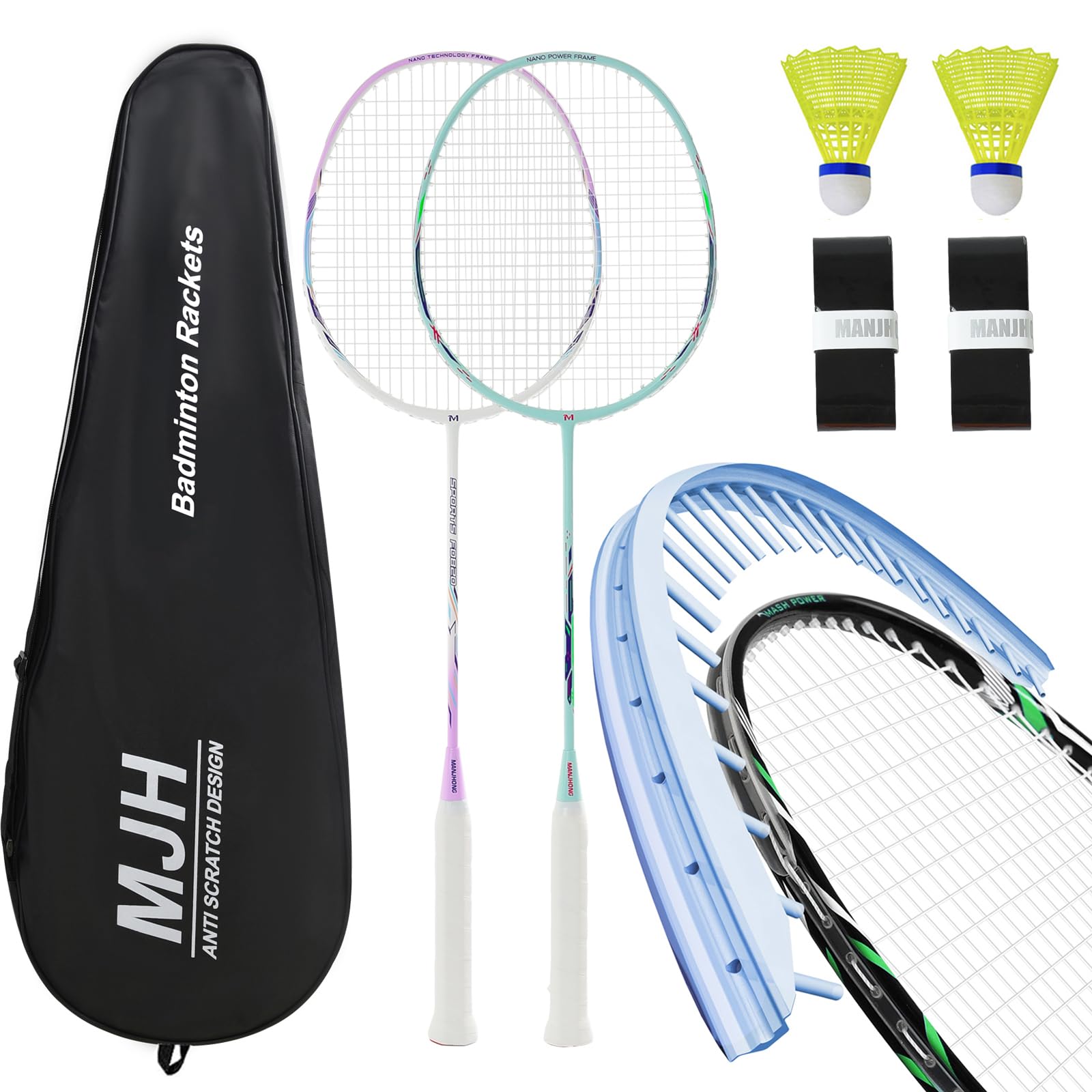 MANJHONG Badminton Set including 2 Graphite Rackets, Anti Scratch Design, Badminton Racket Set for Adults Incl. Shuttlecock