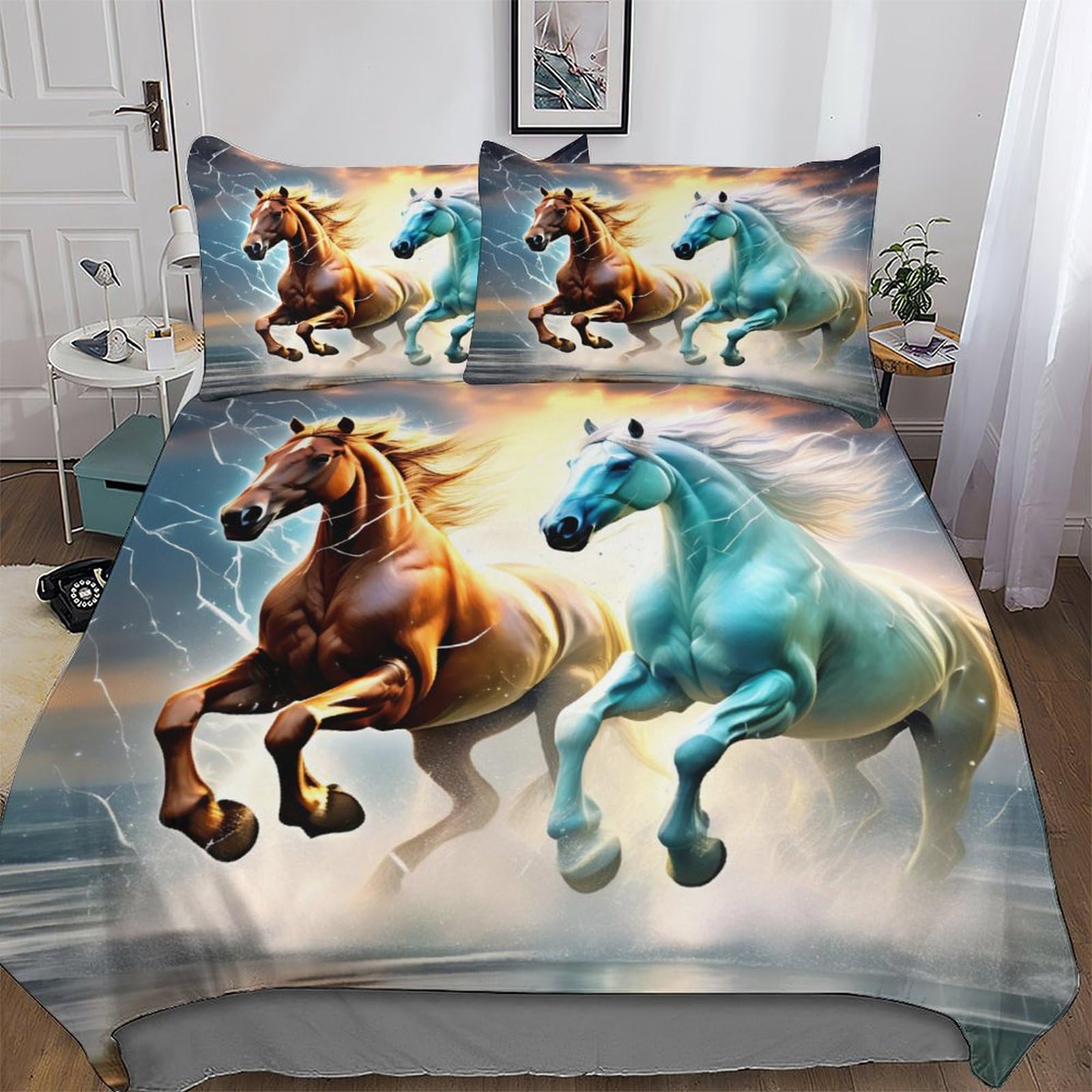 Housse de couette cheval 220x240 cm avec taies d'oreiller en microfibre