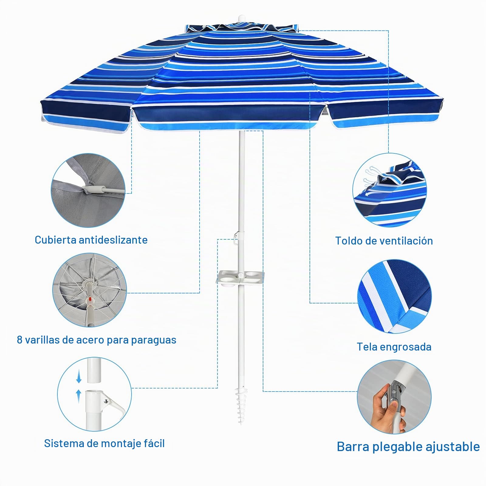 KOMFOTTEU Sombrilla Inclinable de 200 cm, Parasol de Playa con Soporte para Bebidas y Bolsa de Transporte, Paraguas de Balcón Plegable con Protección Solar, Resistente a la Intemperie