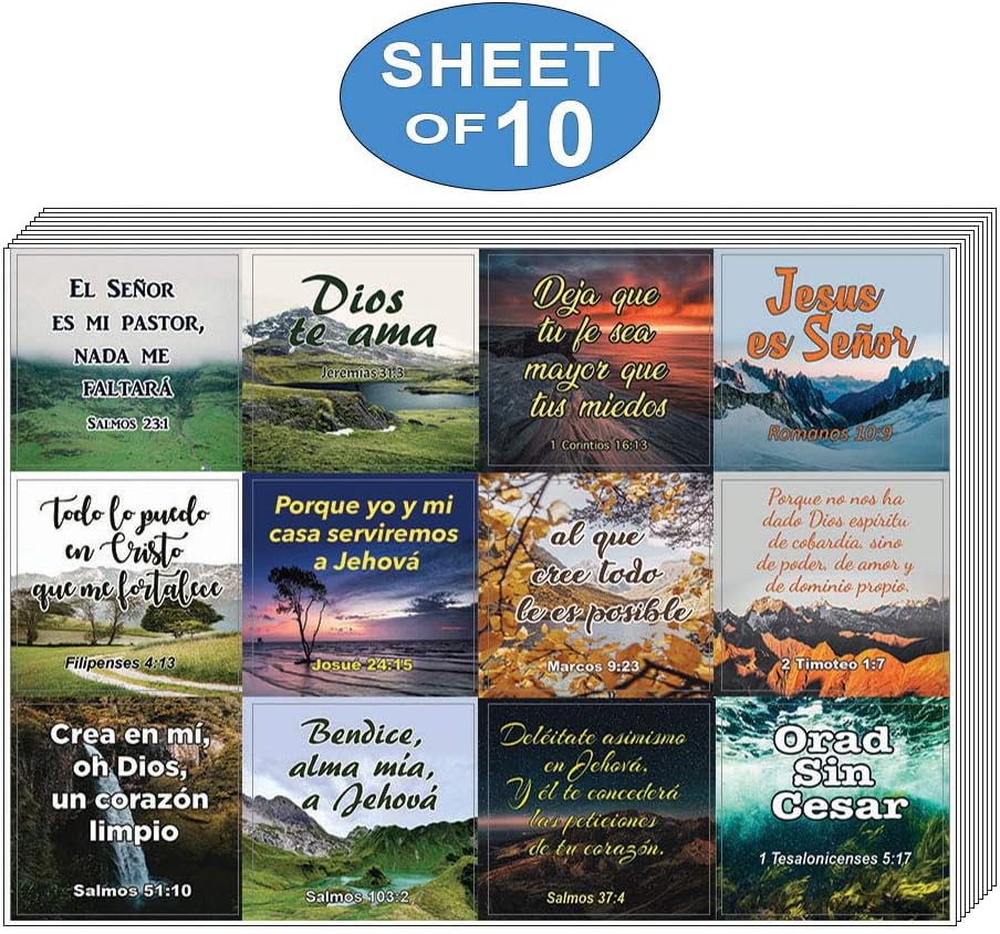 NewEights Spanish Religious Stickers (10 Sheet) - Total 120 pcs (10 x 12pcs) Individual Small Size 2.1 x 2 Inches, Waterproof, Unique Designs, Assorted Mega Pack of Spanish Inspirational Stickers