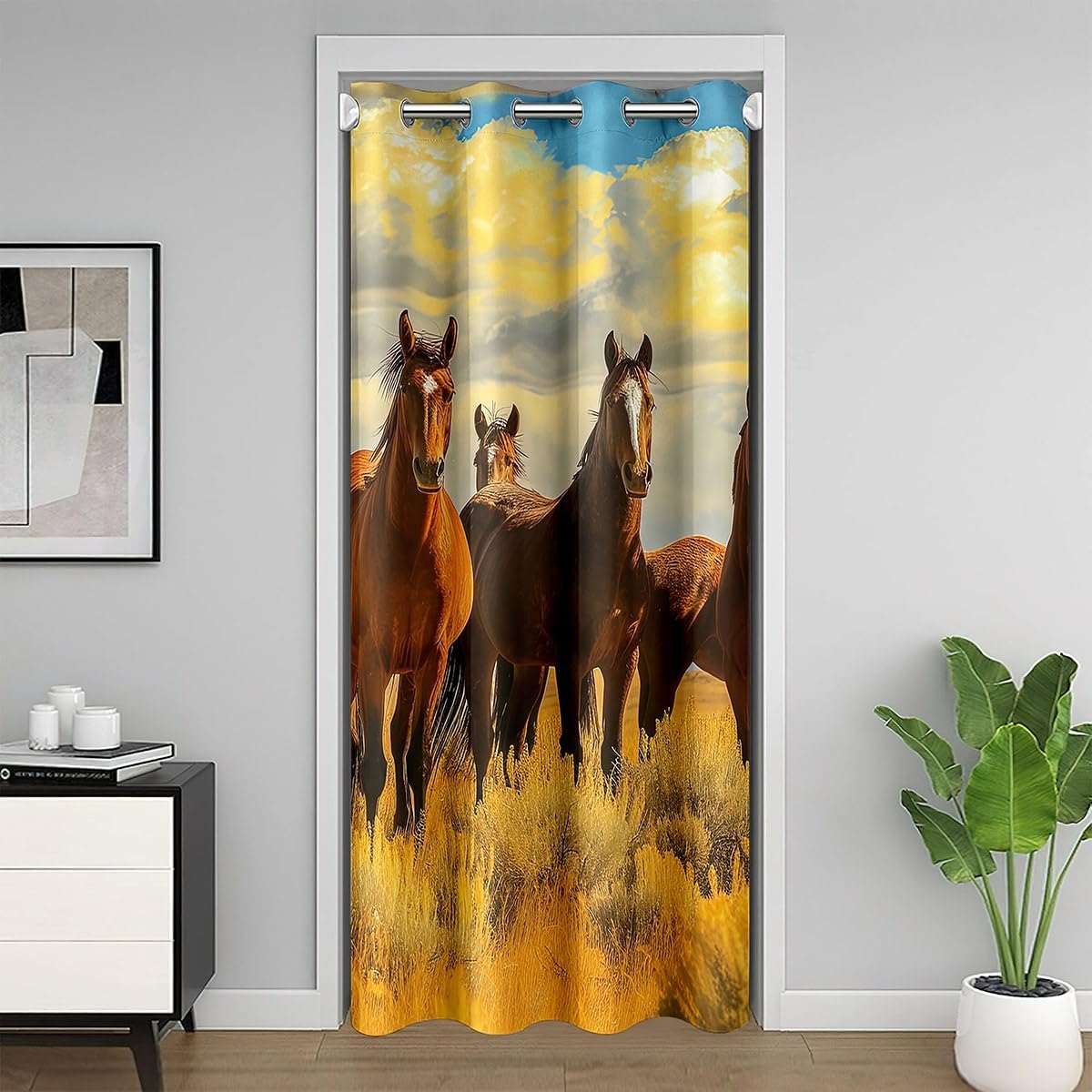 Galloping Horse Door Drape for Adult Teens Boys Black Brown White Horse Door Curtain for Doorway Privacy Moon Night Sky Blackout Curtain Farmhouse Wild Animal Closet Curtain,Darkening 34" W X 80" L