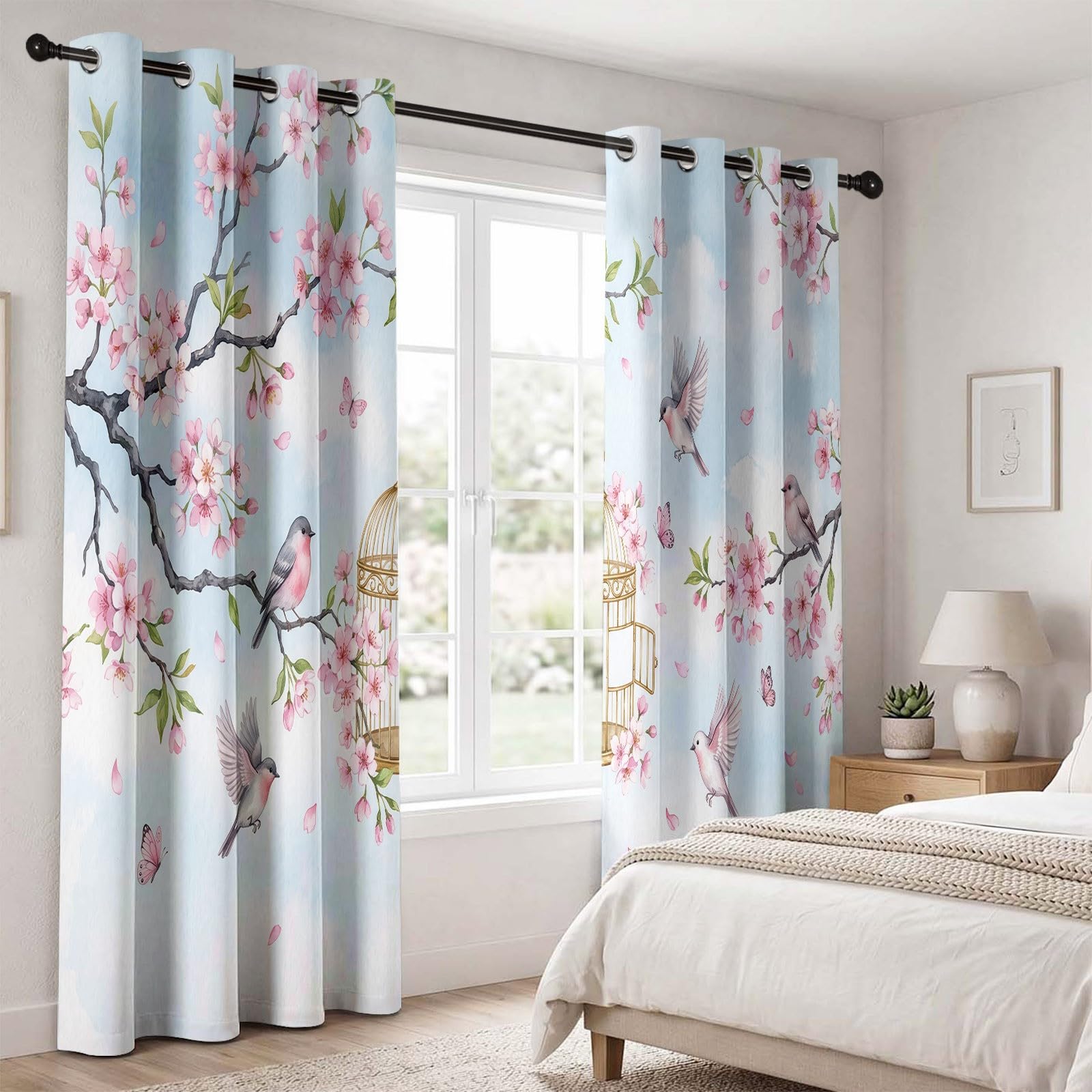 Rideau occultant Motif Graphique À Fleur De Fleurs De Cerisier, Rideaux œillets Isolation Thermique Traitements fenêtre à œillets pour Chambre À Coucher, 70L X 240H cm (2 Panneaux), Bleu