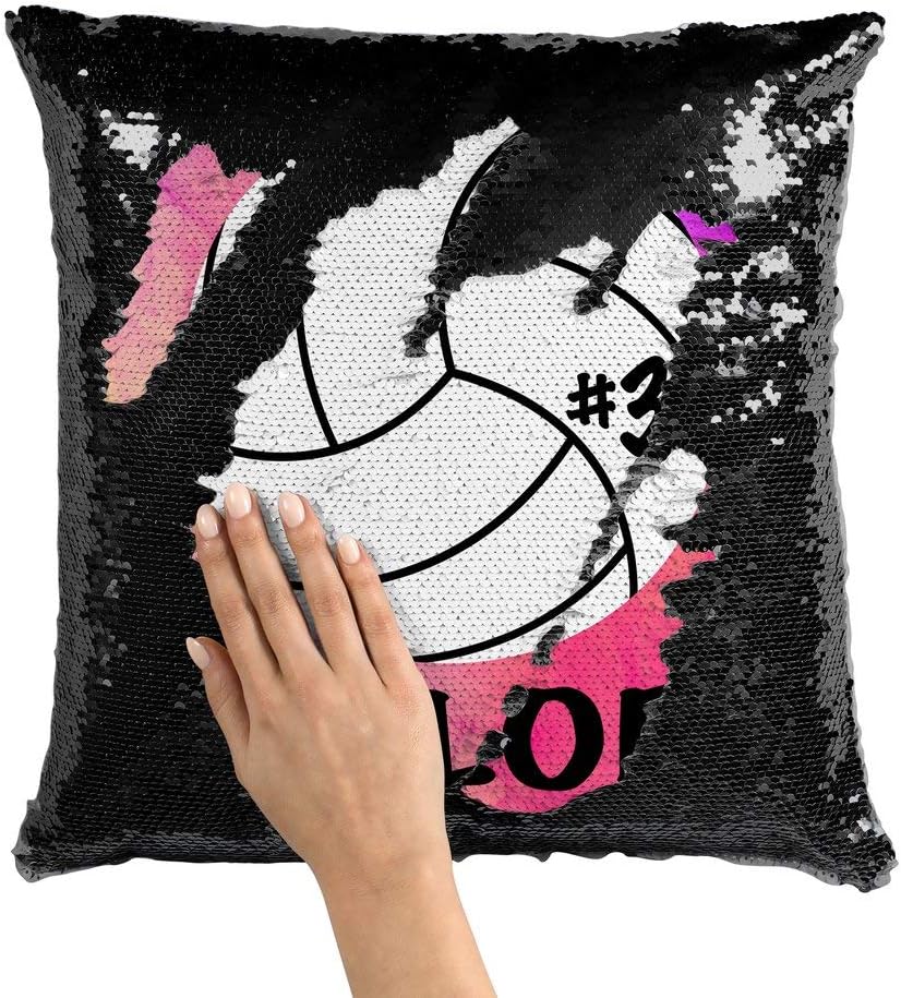 Violet Victoria & Fan Star Personalized Volleyball Sequin Mermaid Flip Pillow - ADD Your Name and Number Silver Sequins