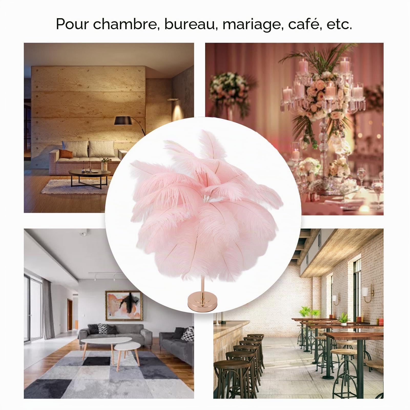 Fockety Lampe de Table en Plumes D'autruche, 30 Pièces Plumes 3 Couleurs à intensité Variable sans Fil Rechargeable par USB, Veilleuse de Bureau à Commande Tactile, Ampoule de Lampe (Rose)