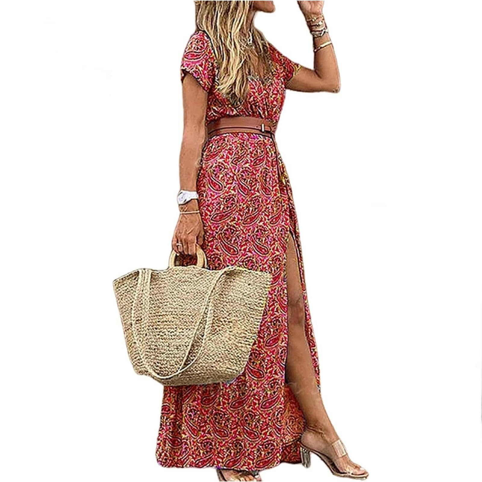 Gonna Lunga Abito Lungo per Donne Summer Beach Abiti Bohémien, Abiti da Veste Casual con Gonna Floreale-Khaki-m