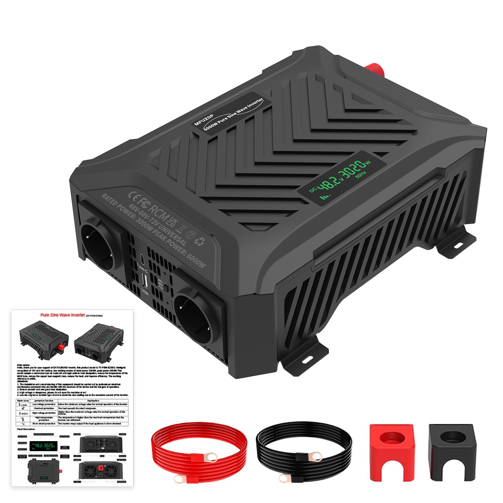 MFUZOP Power Inverter 48V/60V/72V a 230V Onda Pura 3000w/6000w, Convertitore di Tensione con Sistema di Rilevamento Intelligente, Ingresso Regolabile, Display LCD, 2 AC, 1 Type-C, 1 USB 5V 2.1A