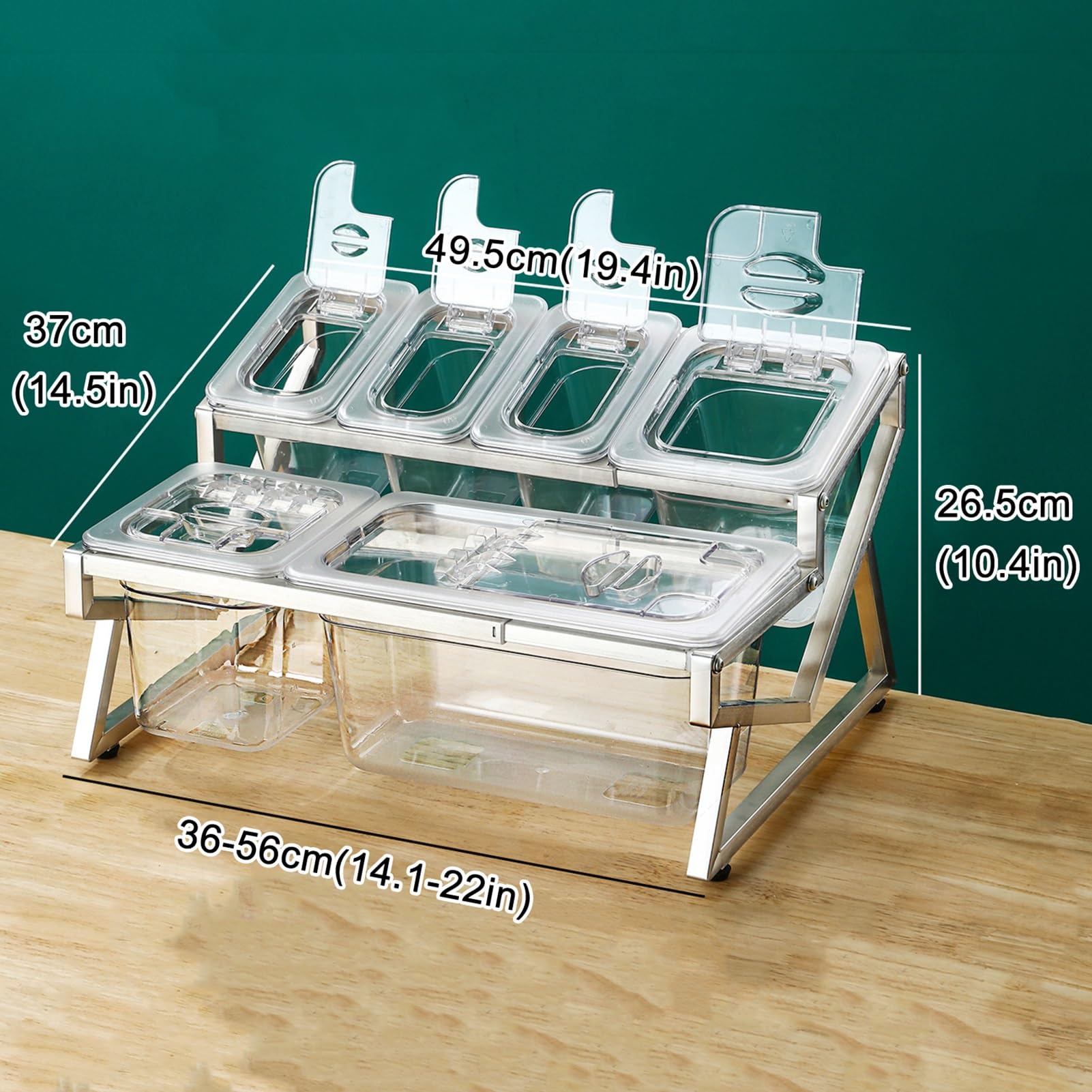 Juego de recipientes para condimentos, organizador transparente de pie de cocina con tapa de cuchara, estante de acero inoxidable para bufé, restaurante y uso doméstico