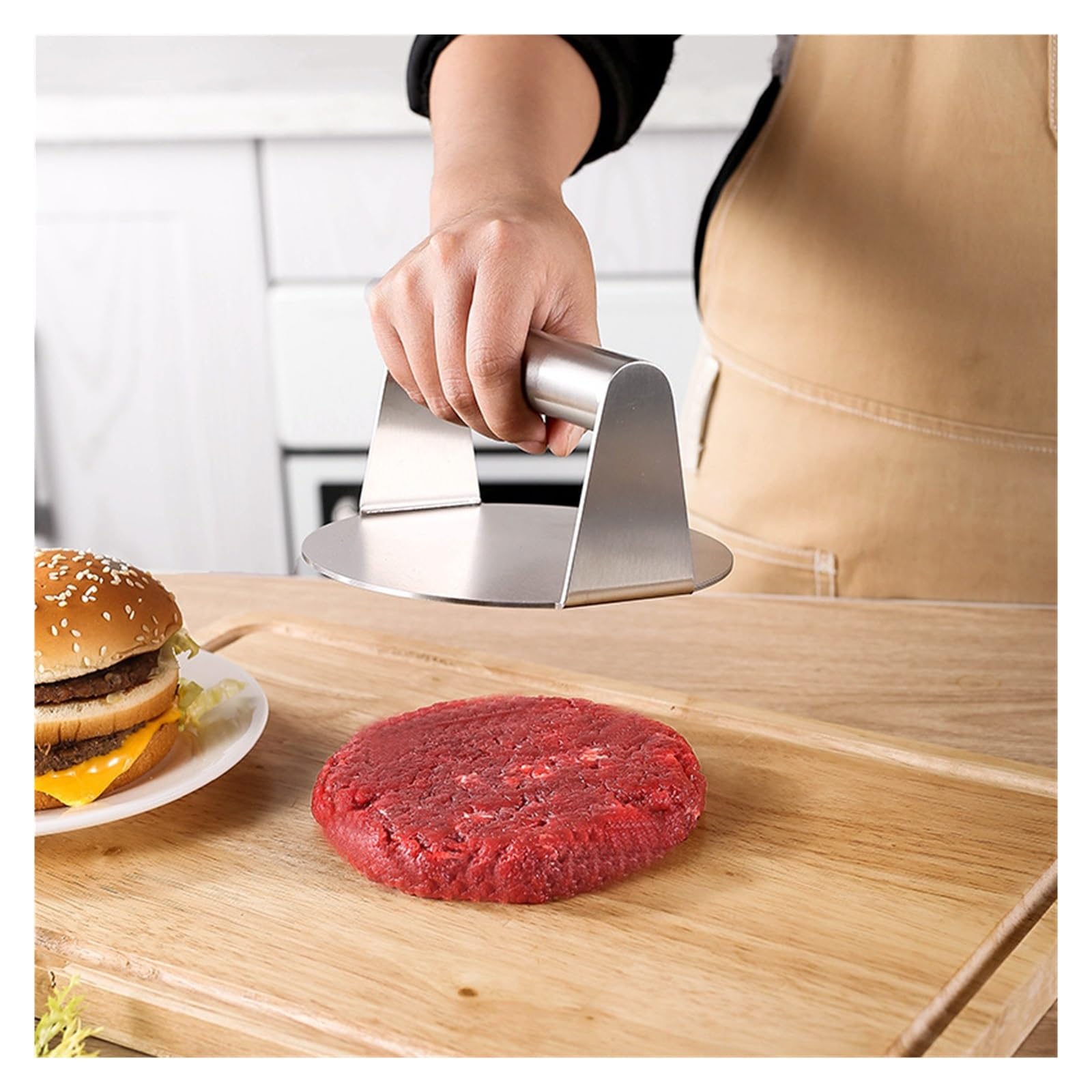 Pressa per Hamburger con Manico in Legno adiabatico Pressa per Hamburger in Acciaio Inox Pressa per Hamburger Professionale Pressa per Hamburger Quadrata Rotonda per Pancetta Pressa per
