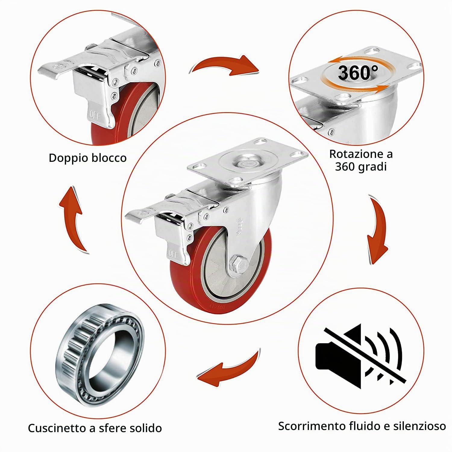 Set di 4 Ruote per Mobili 4 ruote girevoli mobili con freno + Viti - 100mm Portata Max 800kg,Rotelle per Mobili Silenziose Girevoli a 360°, Rotelle con Freno per Banco da Lavoro