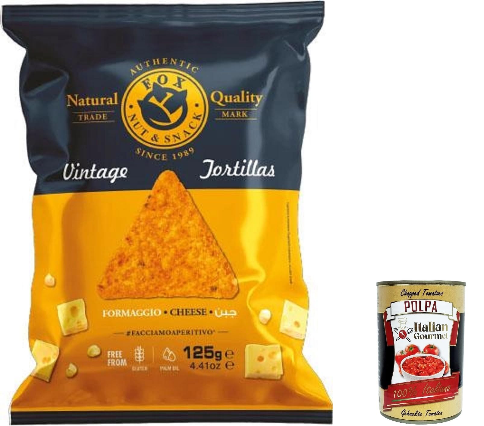 20 patatas naturales FOX Natural Quality Vintage Tortilla chips de queso, Nacho Cheese Corn, patatas fritas italianas hechas a mano premium 125 g + Polpa italiana Gourmet 400 g