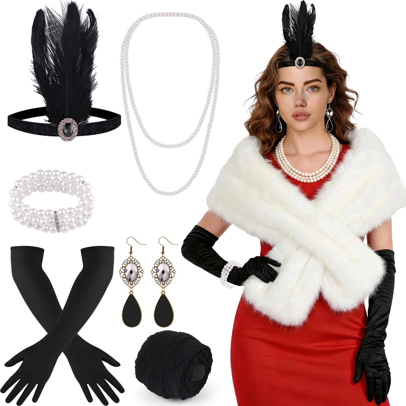 ELECLAND 10 Pieces 1920s Flapper Great Gatsby Accessories Set Fashion Roaring 20's Theme Set with Headband Headpiece Long Black Gloves Necklace Earrings for Women (White (Faux Fur Shawl))
