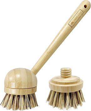 JuneLily Long Coconut Dish Brush Plant-Based Vegan for Kitchen Bathroom Cleaning Produce Washing Dishes Long Dish Brush & Coconut Brush Head