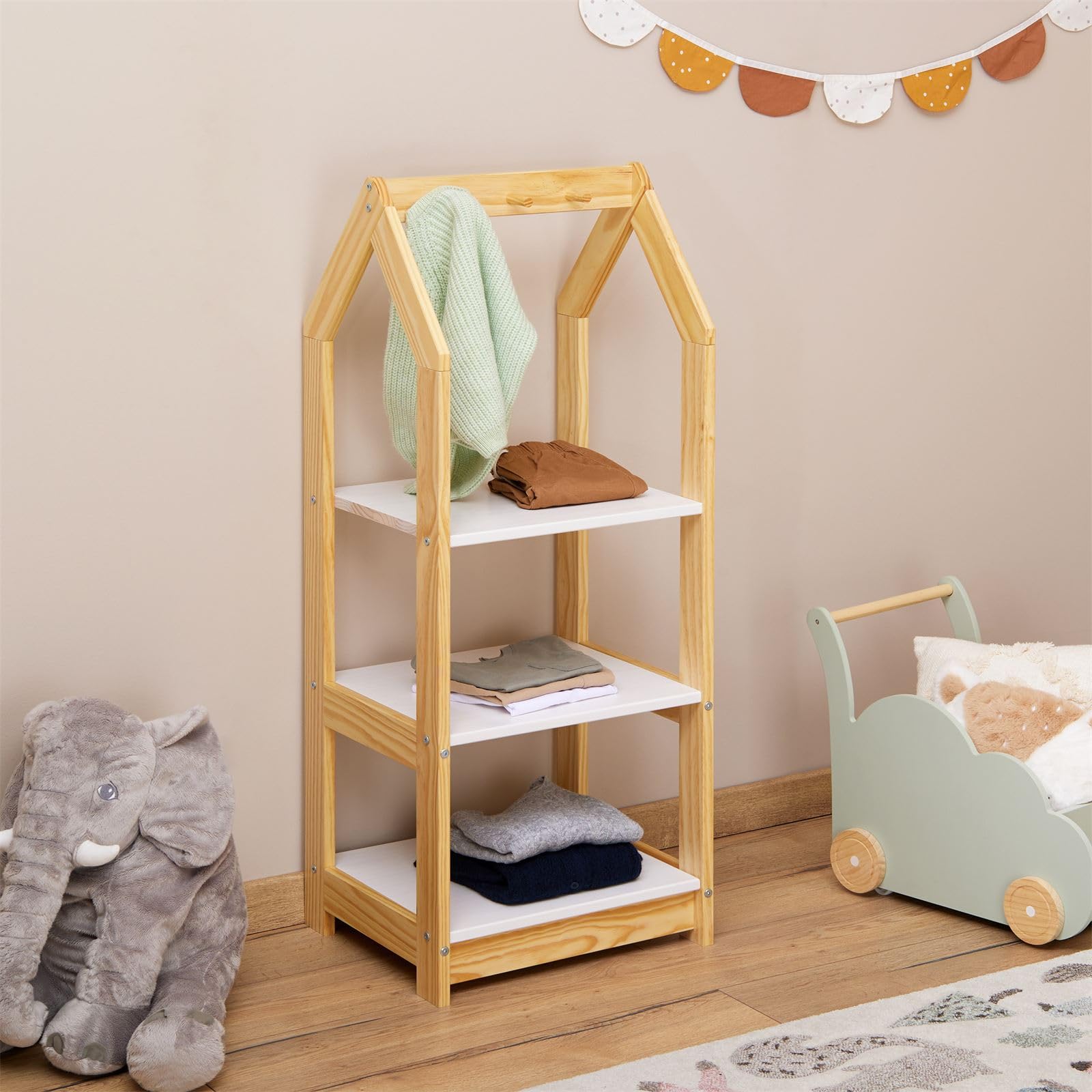 IDIMEX Étagère à vêtement Enfant Sally en Pin Massif, Dressing Enfant avec Tringle à Vêtements, Tablette Inférieure Blanche, Penderie Enfant Montessori